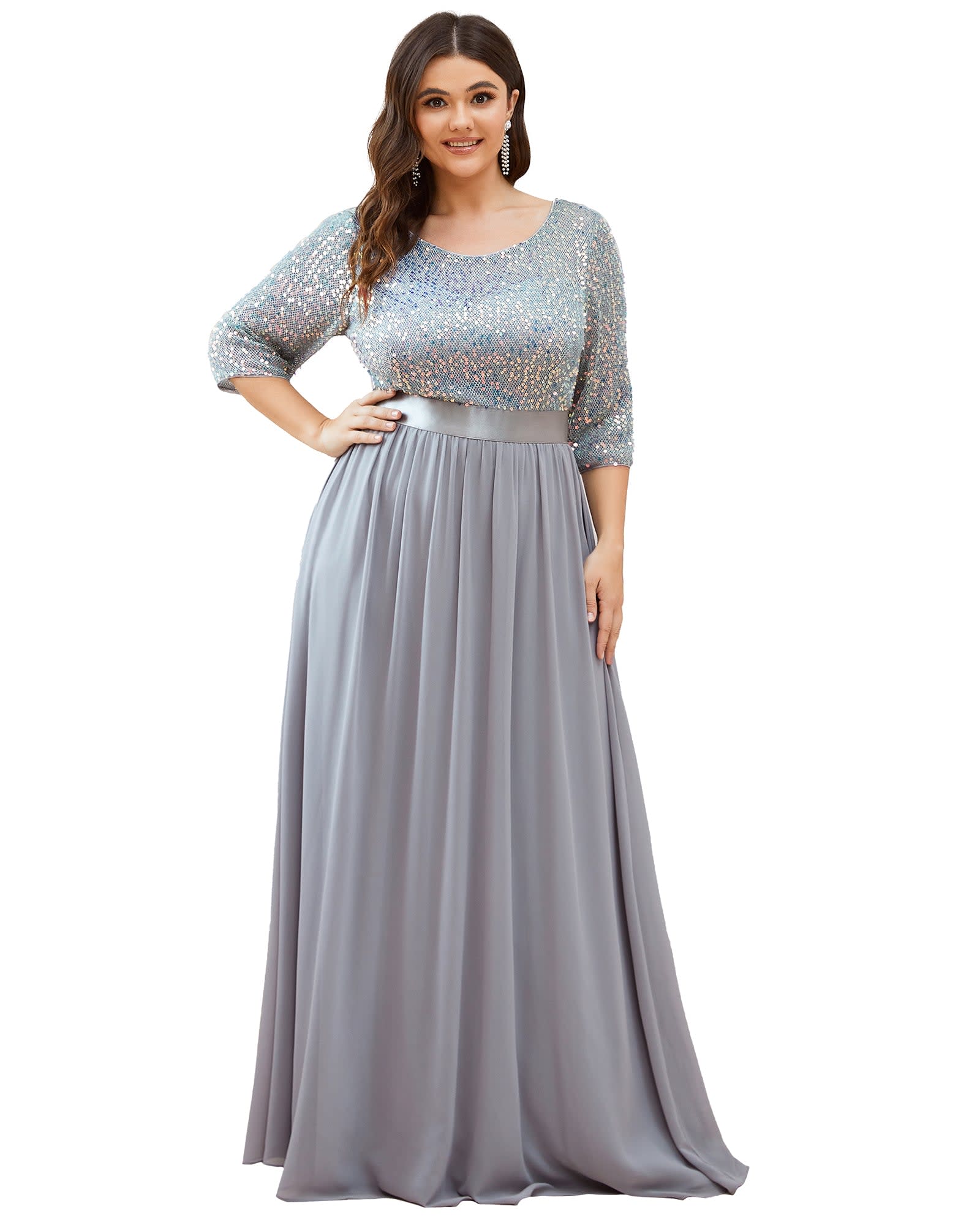 3/4 Sleeves Round Neck Evening Dress With Sequin Bodice | Silver