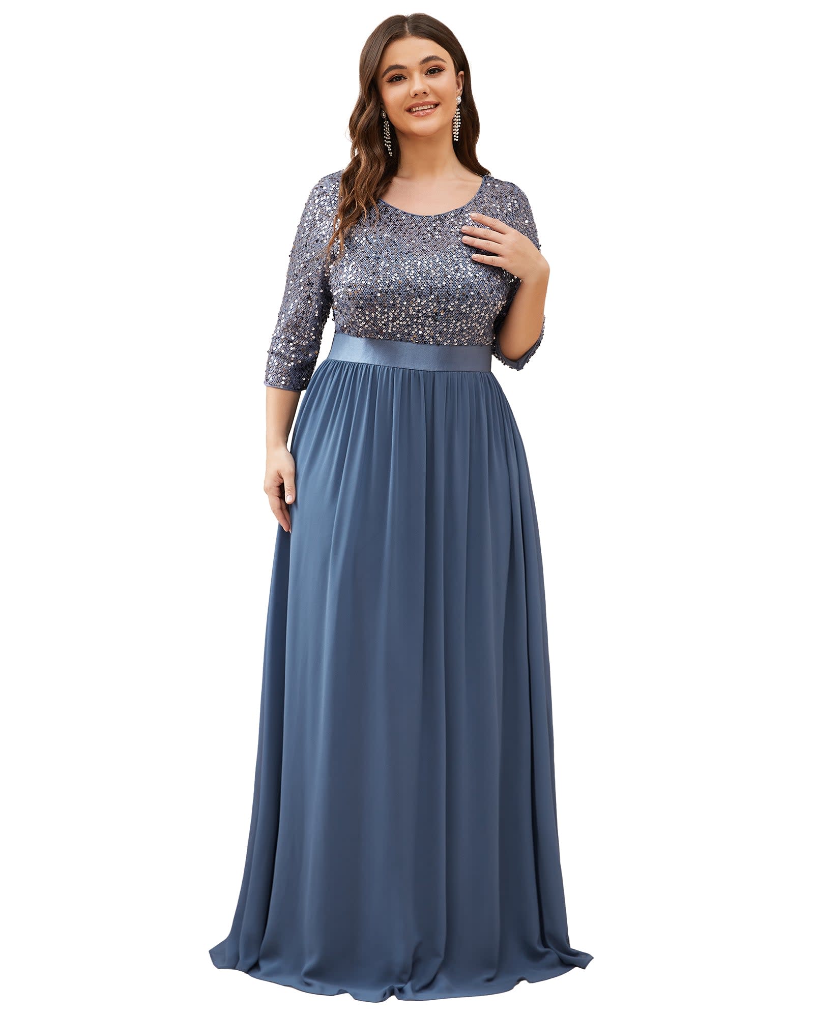 3/4 Sleeves Round Neck Evening Dress With Sequin Bodice | Dusty Navy