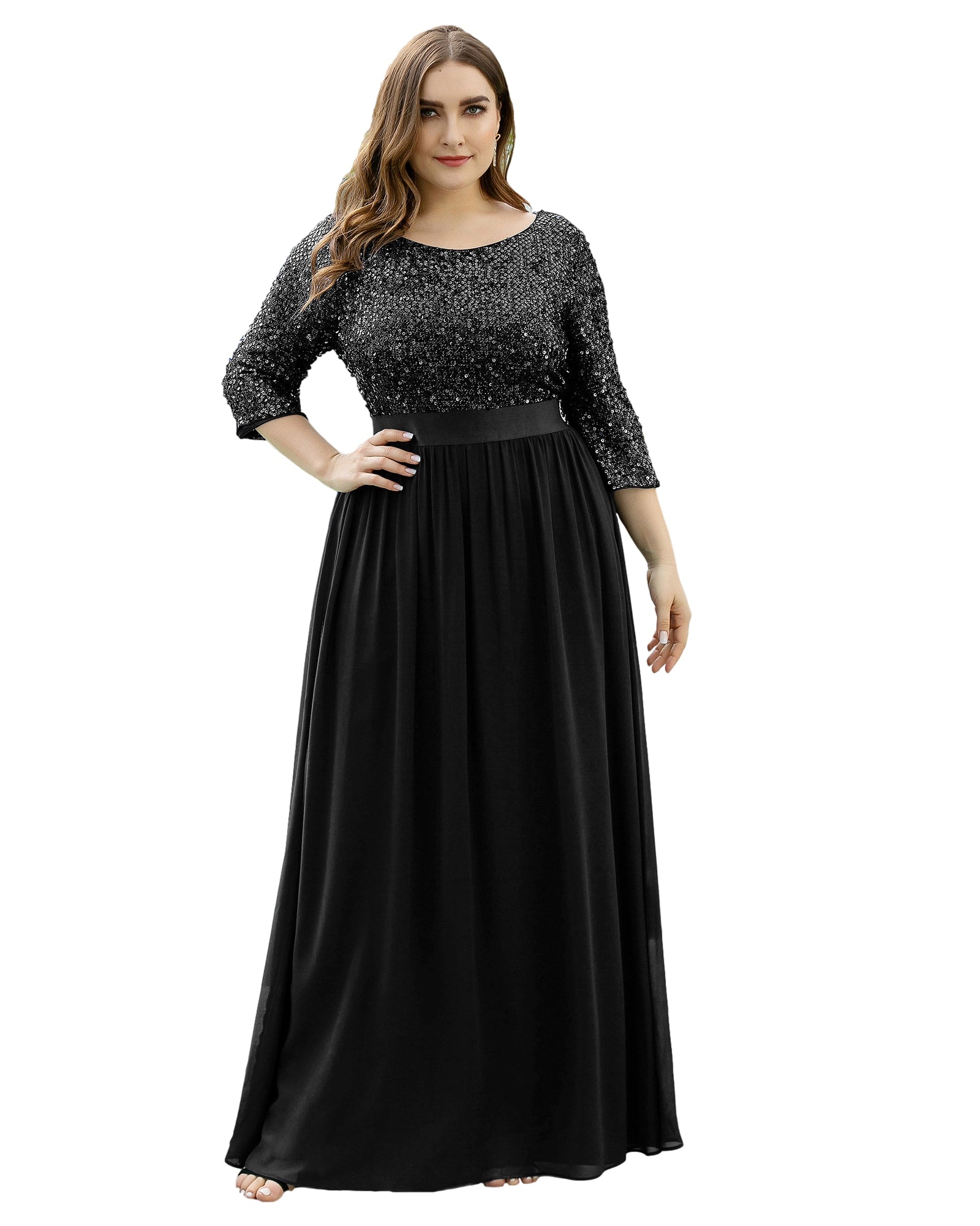 3/4 Sleeves Round Neck Evening Dress With Sequin Bodice | Black