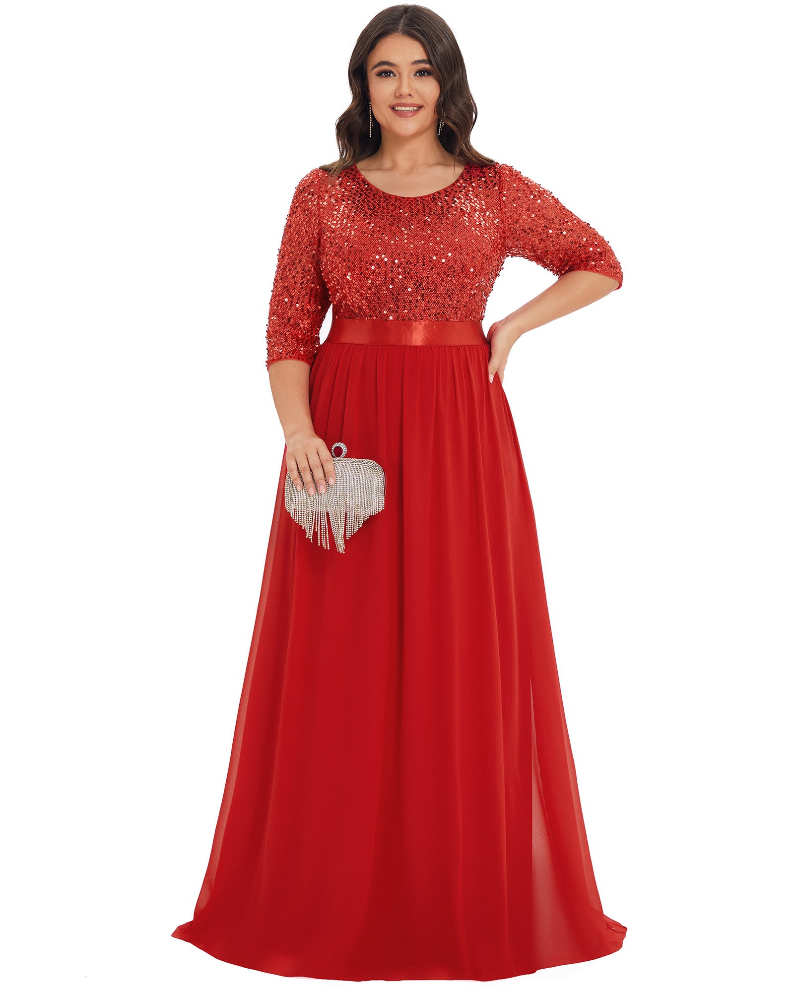 3/4 Sleeves Round Neck Evening Dress With Sequin Bodice | Red