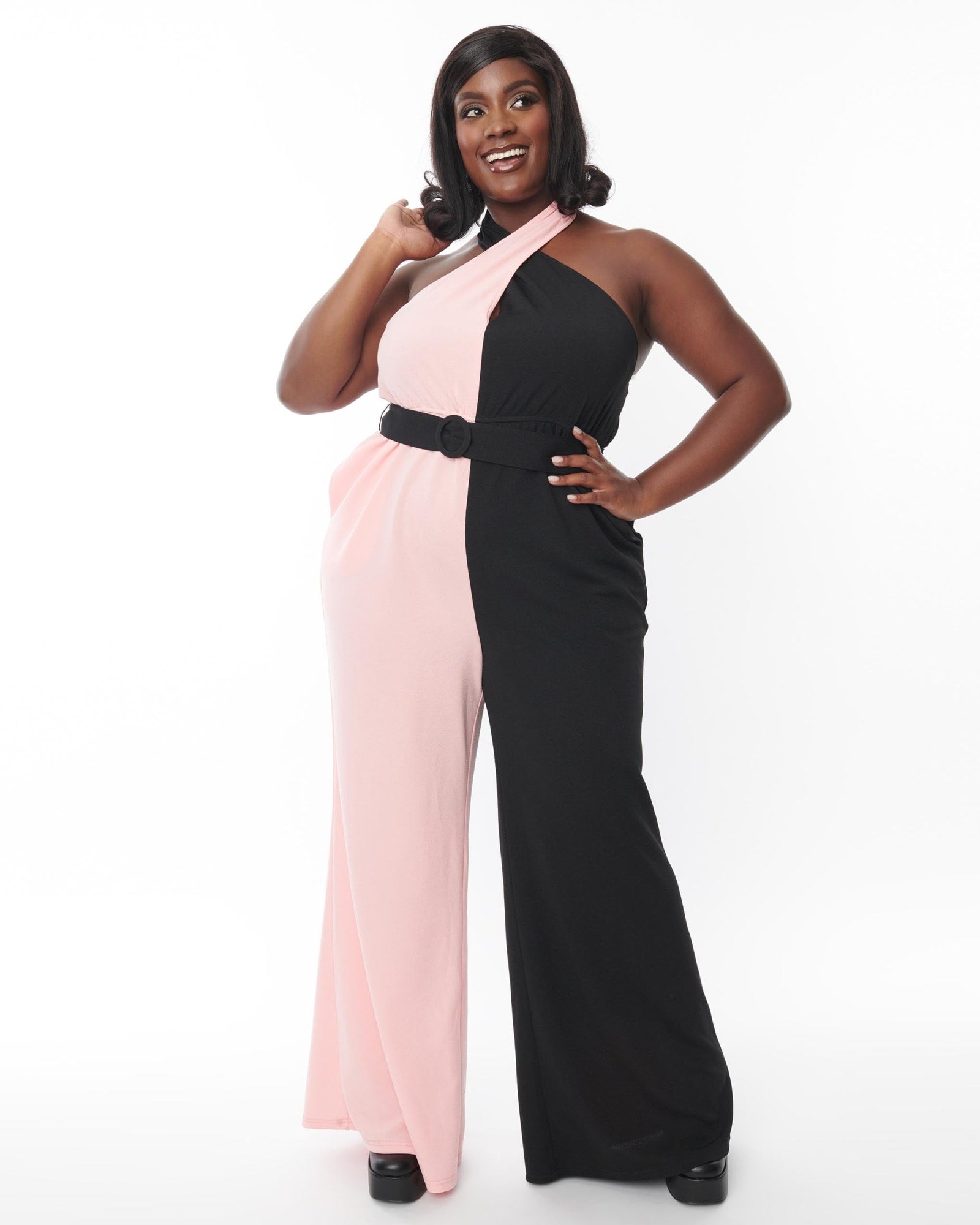 Smak Parlour Pink & Black Colorblock Draped Darling Jumpsuit | Pink, Black