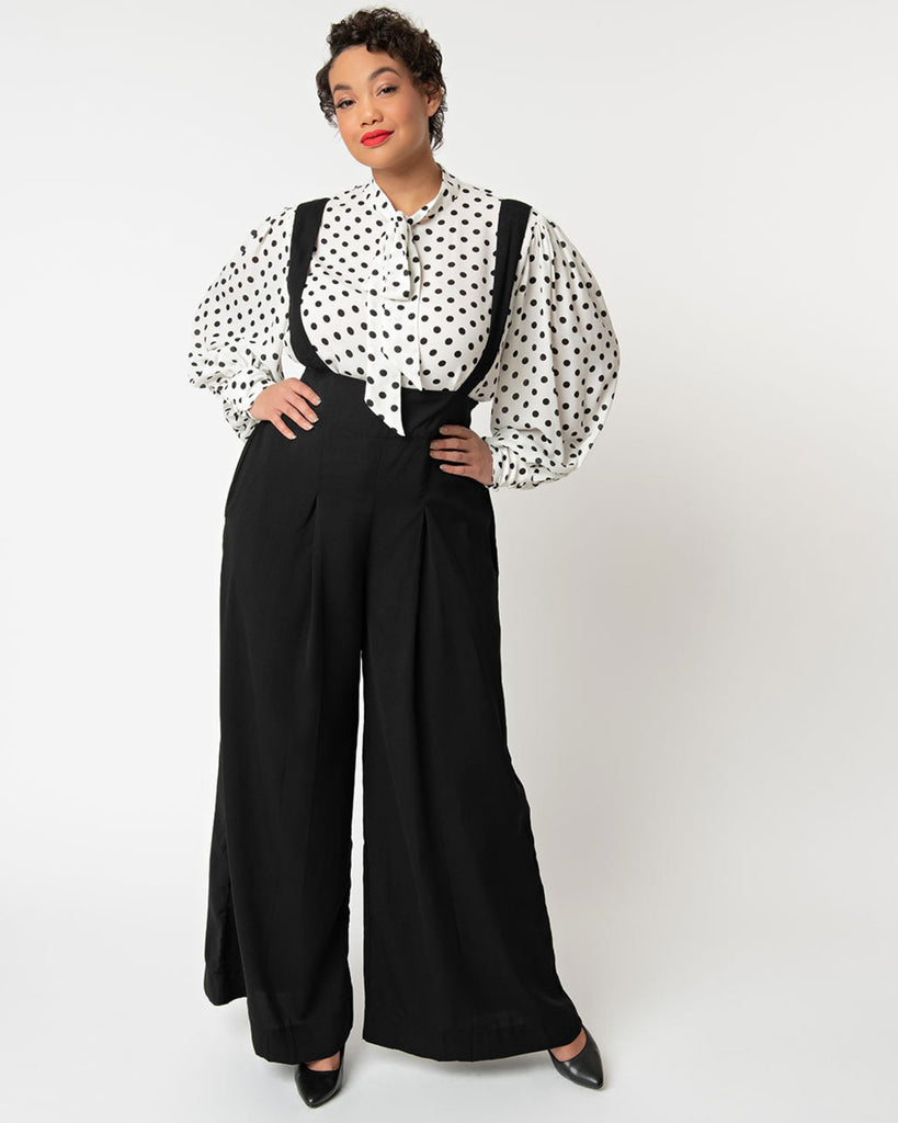 Unique Vintage Black Wide Leg Rochelle Suspender Pants | Black