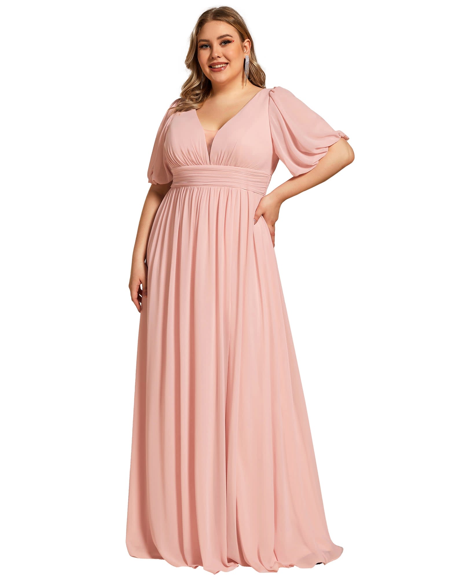 Chiffon Illusion V-Neck Flutter Sleeve Front Slit Evening Dress | Pink