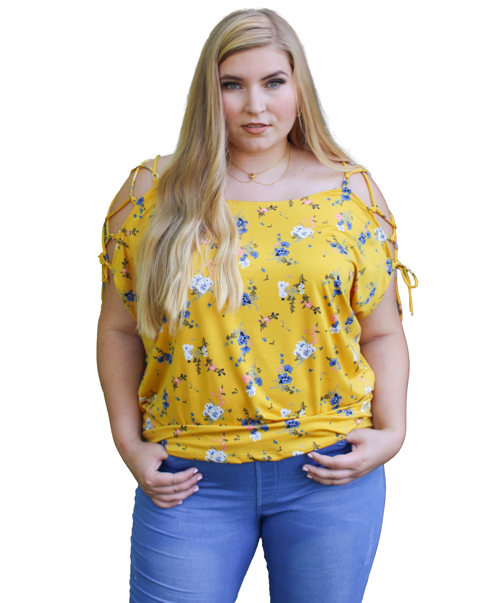Honey Floral Print Shoulder Lace-Up Top | Yellow