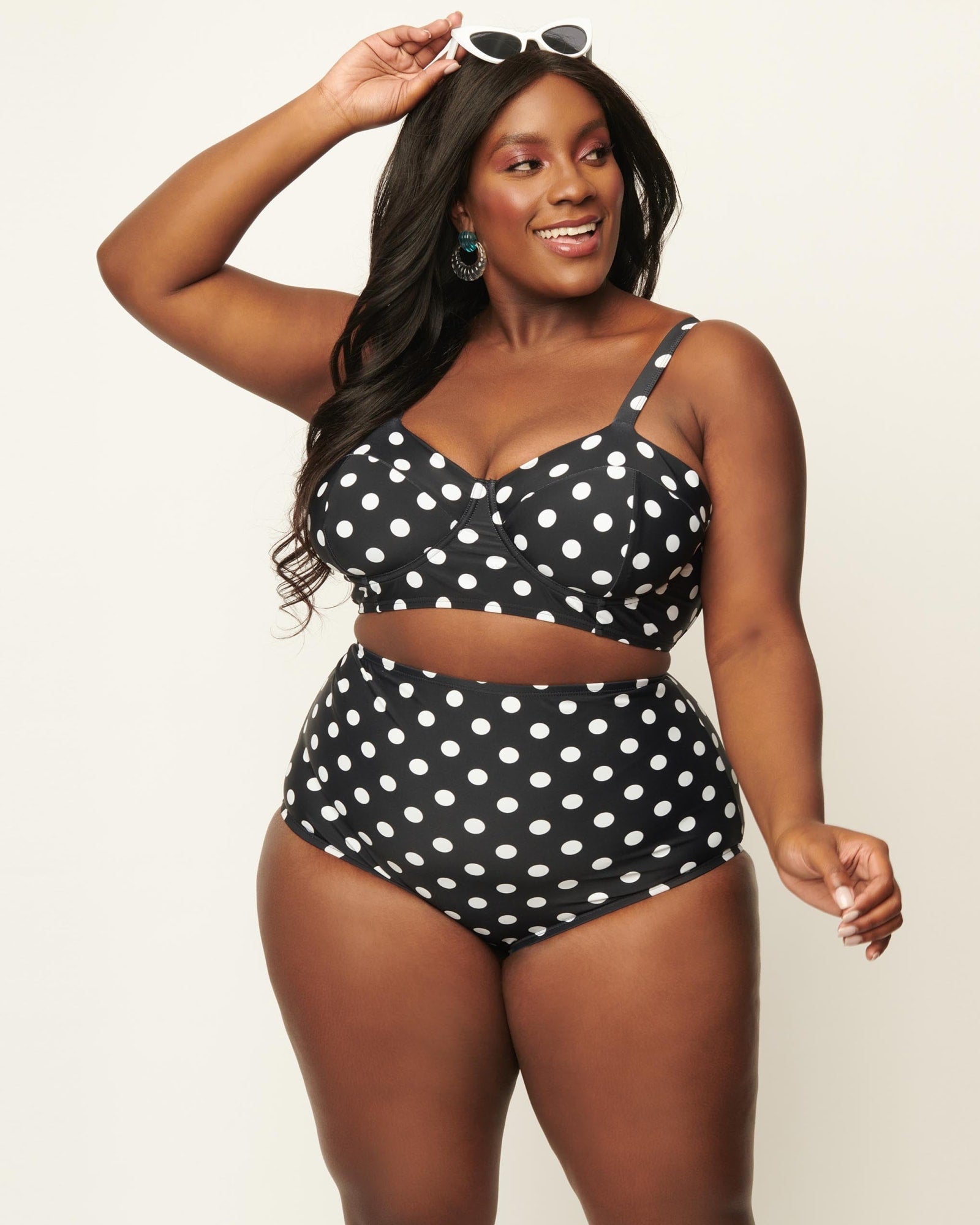 03 white with black polka dots long sleeve bathing suit with strappy sides  - Styleoholic