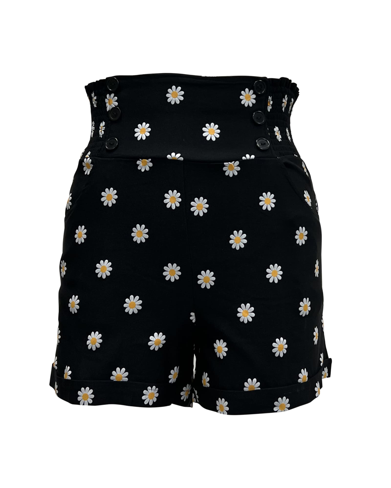 Unique Vintage Black Daisy Print Sandy Shorts | Black, Floral