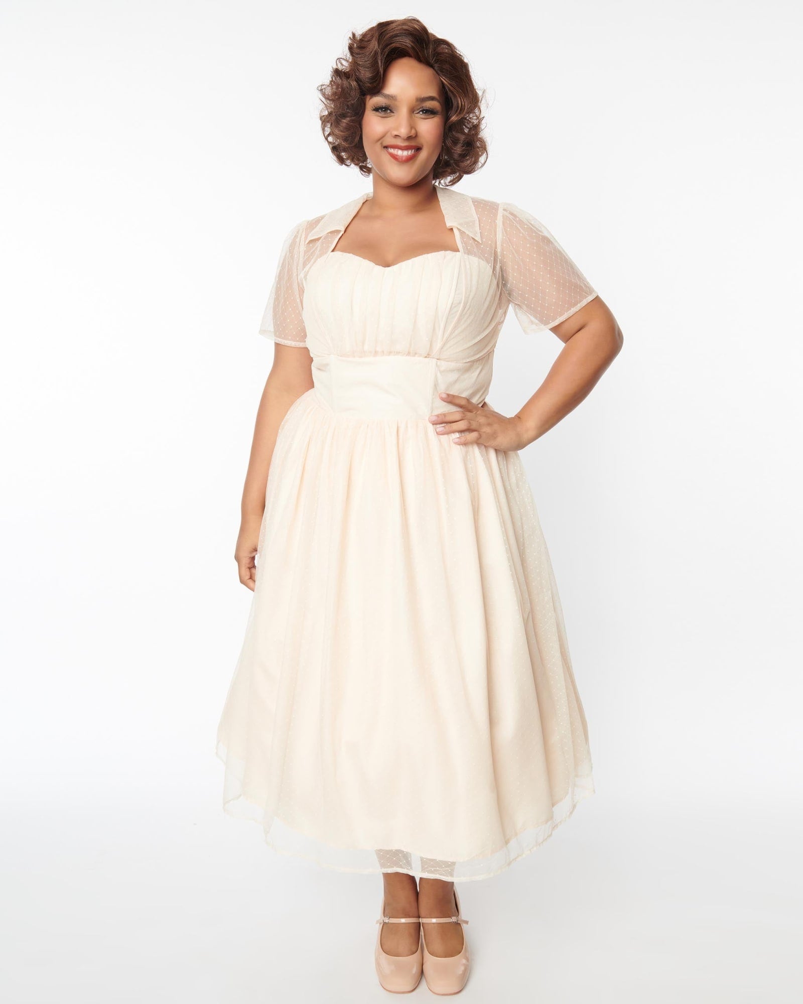 Unique Vintage Peach Clip Dot Bridal Libby Swing Dress | White, Polka Dot