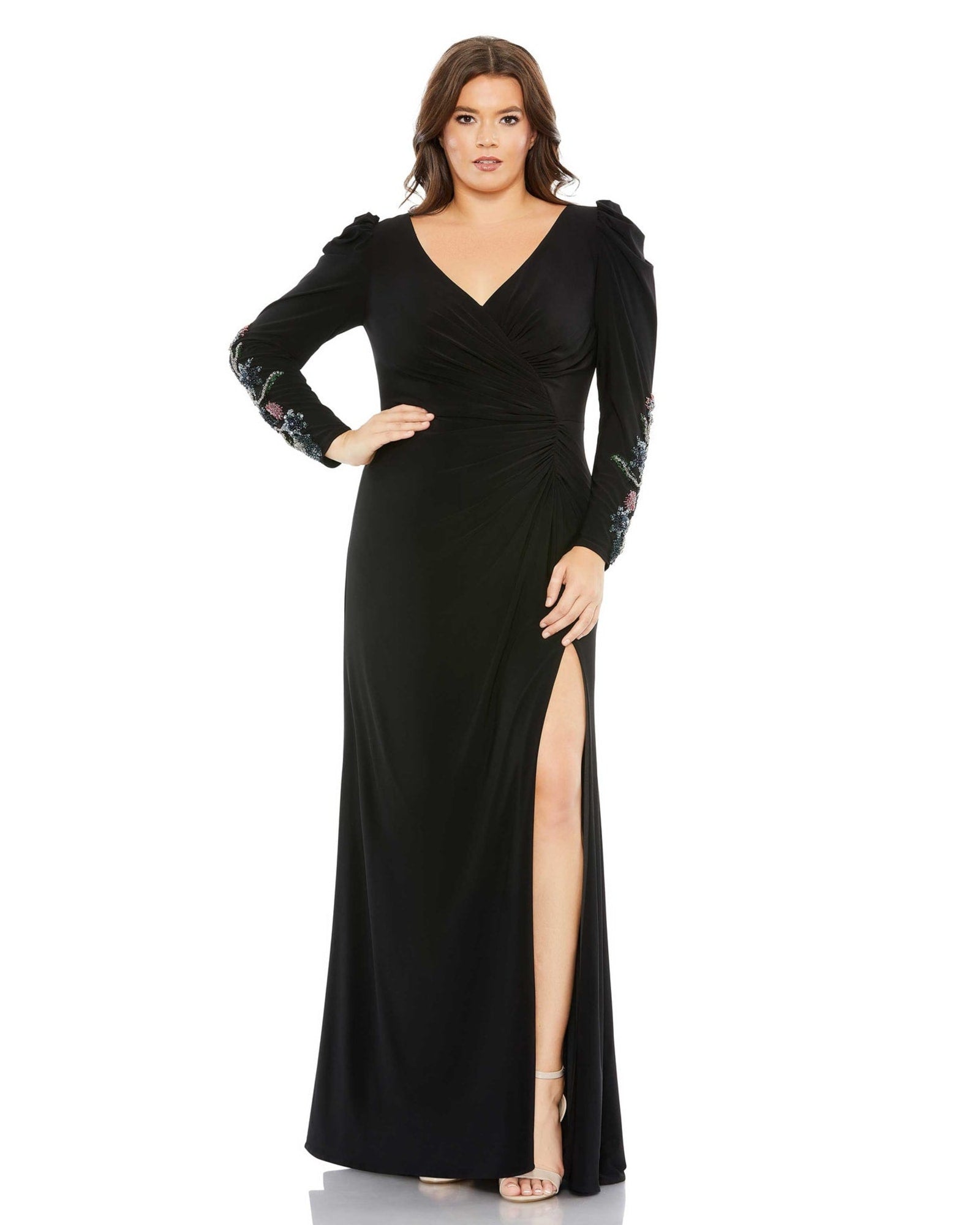 Embellished Long Sleeve Faux Wrap Gown | Black