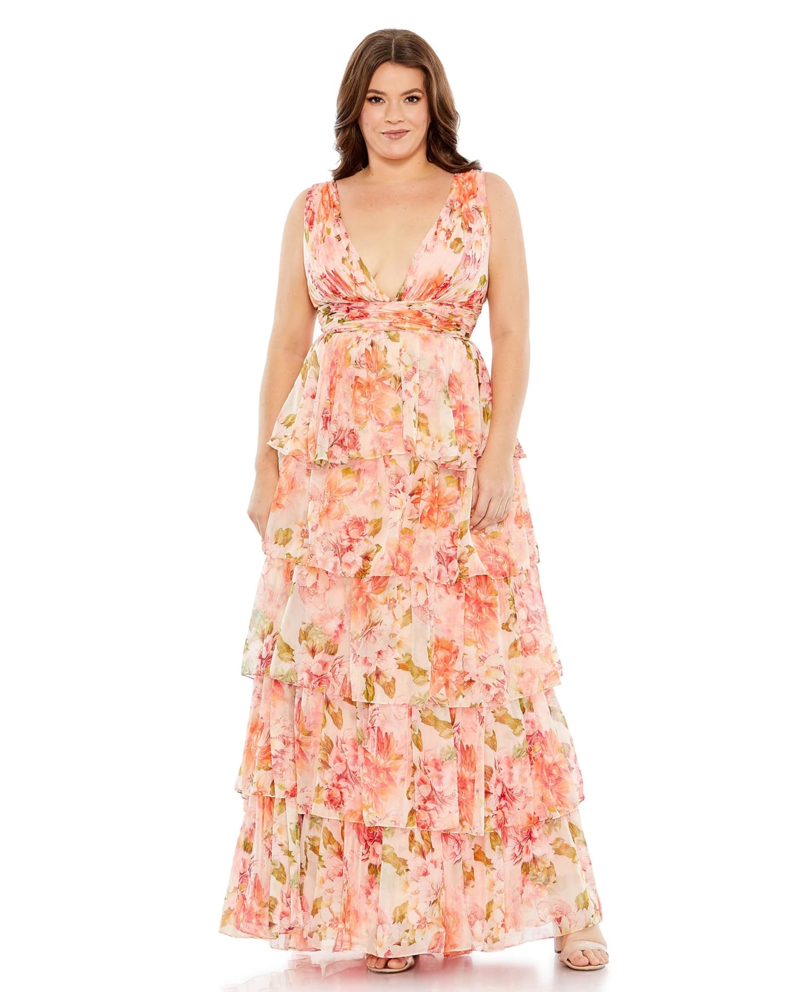 Floral Print Tiered V-Neckline Gown | Pink Multi