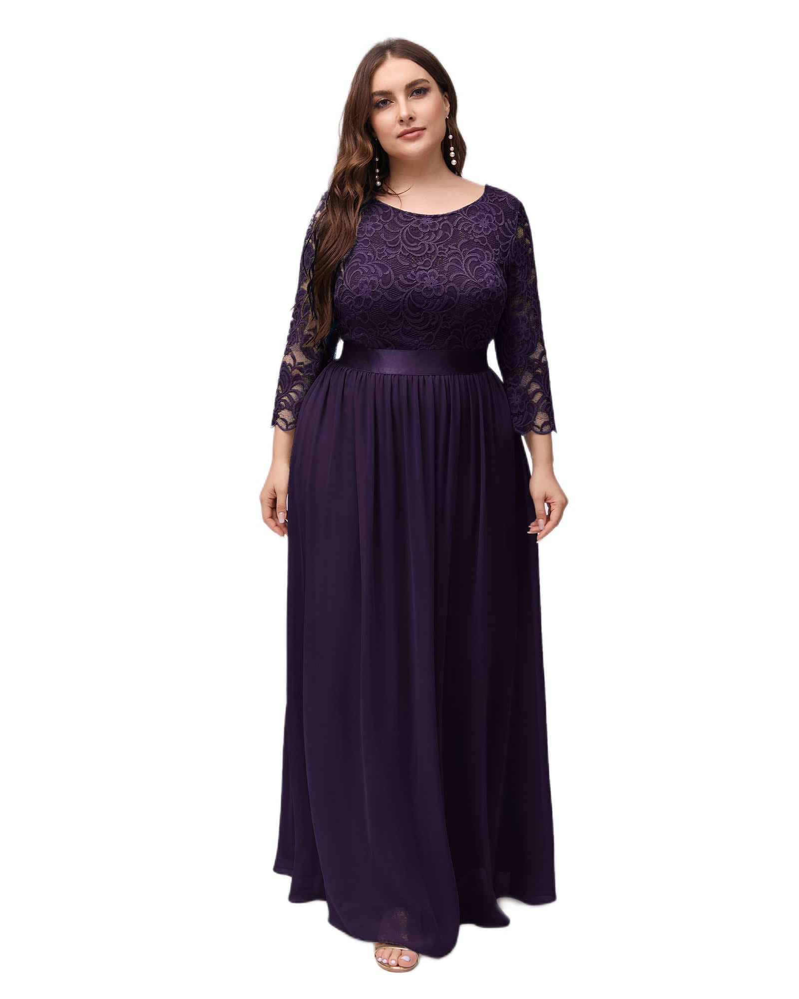 See-Through Floor Length Lace Evening Dress | Dark Purple