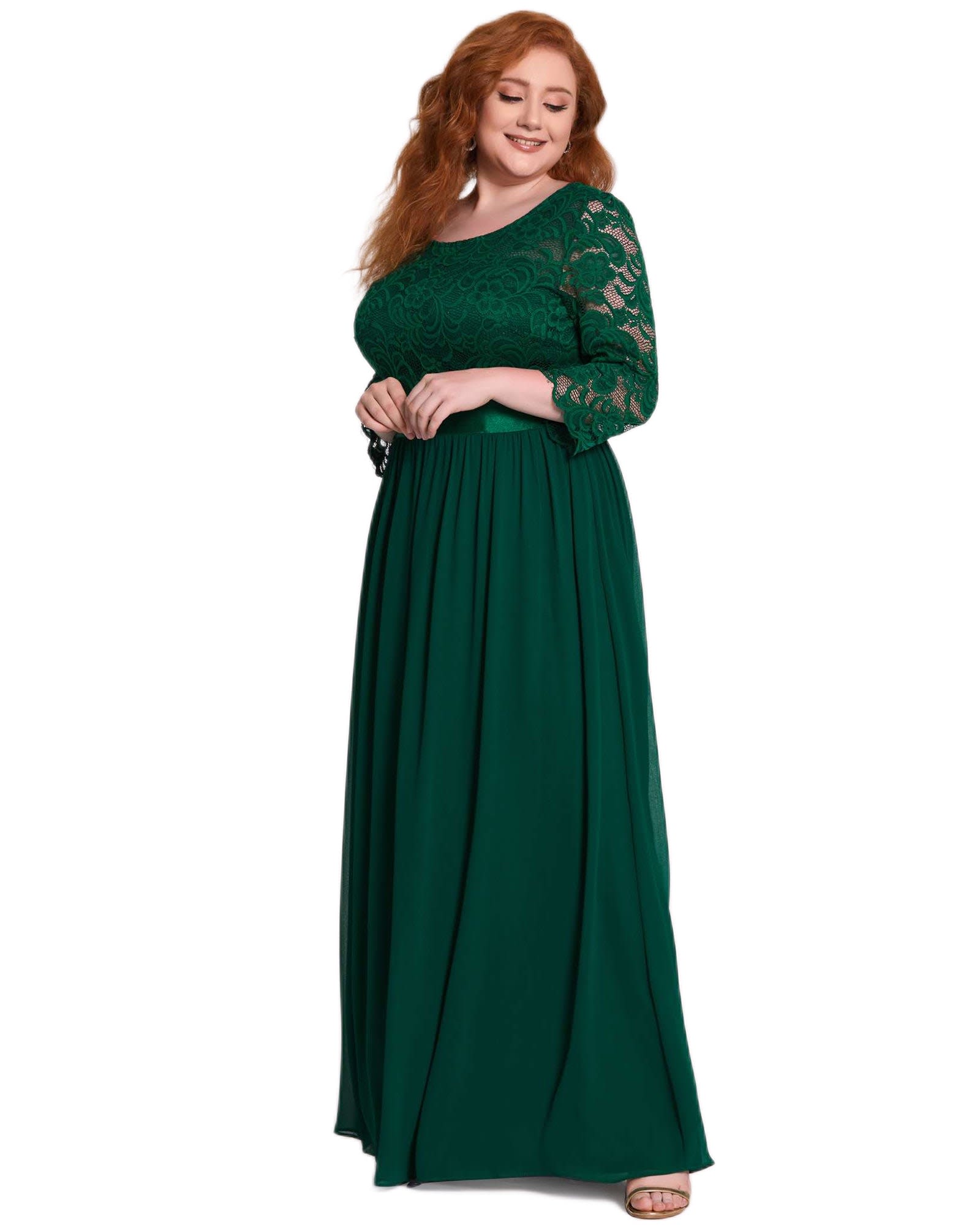 See-Through Floor Length Lace Evening Dress | Dark Green