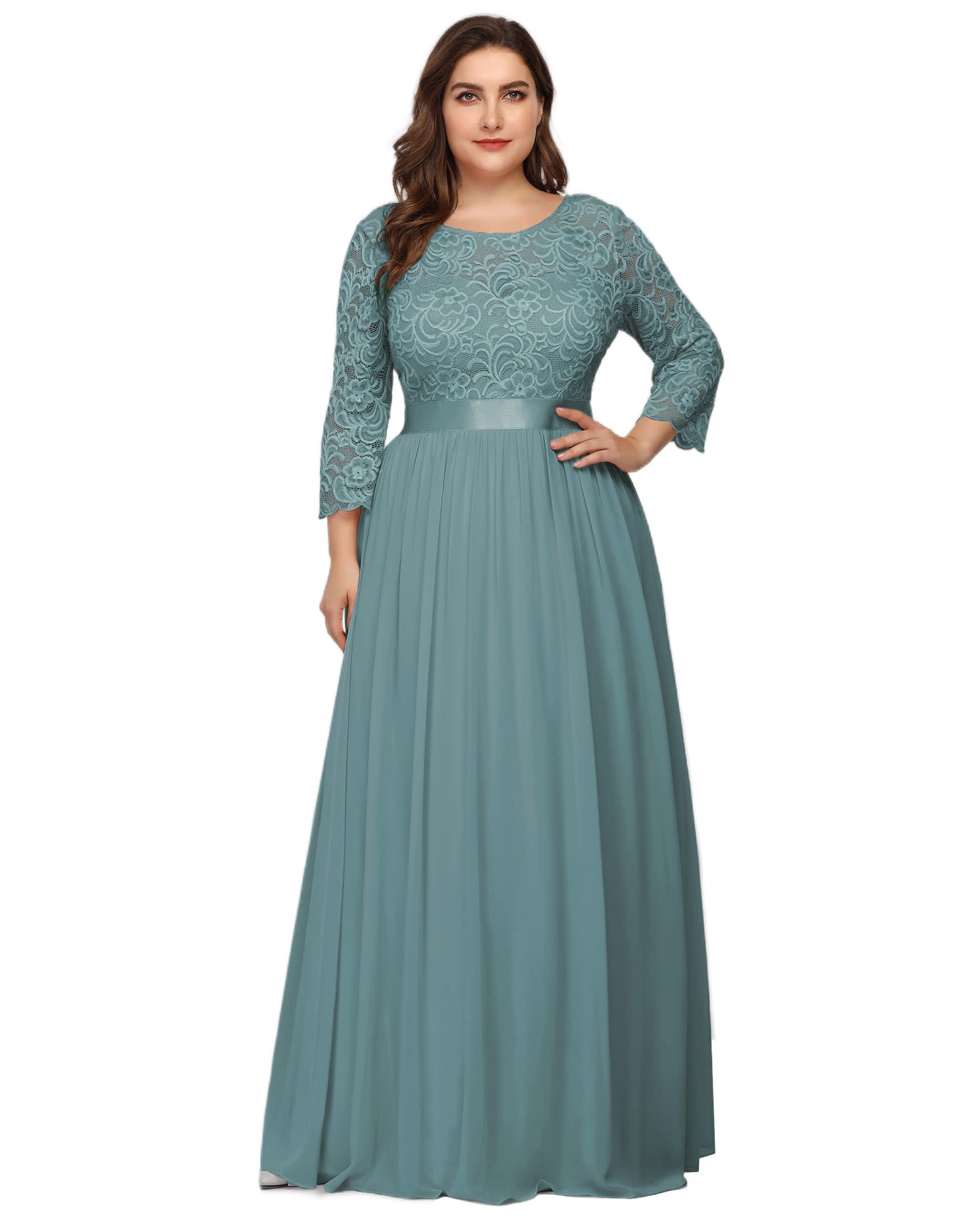 See-Through Floor Length Lace Evening Dress | Dusty Blue