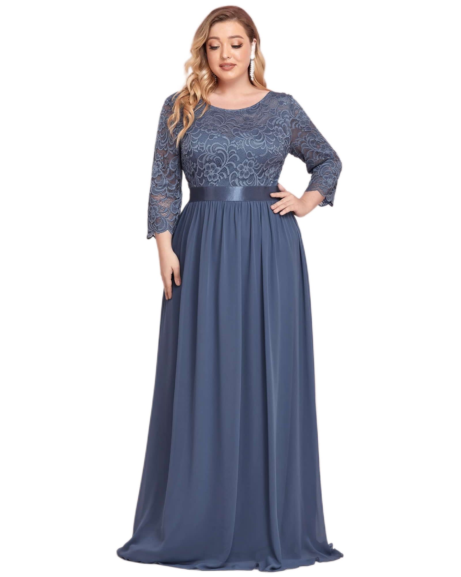 See-Through Floor Length Lace Evening Dress | Dusty Navy