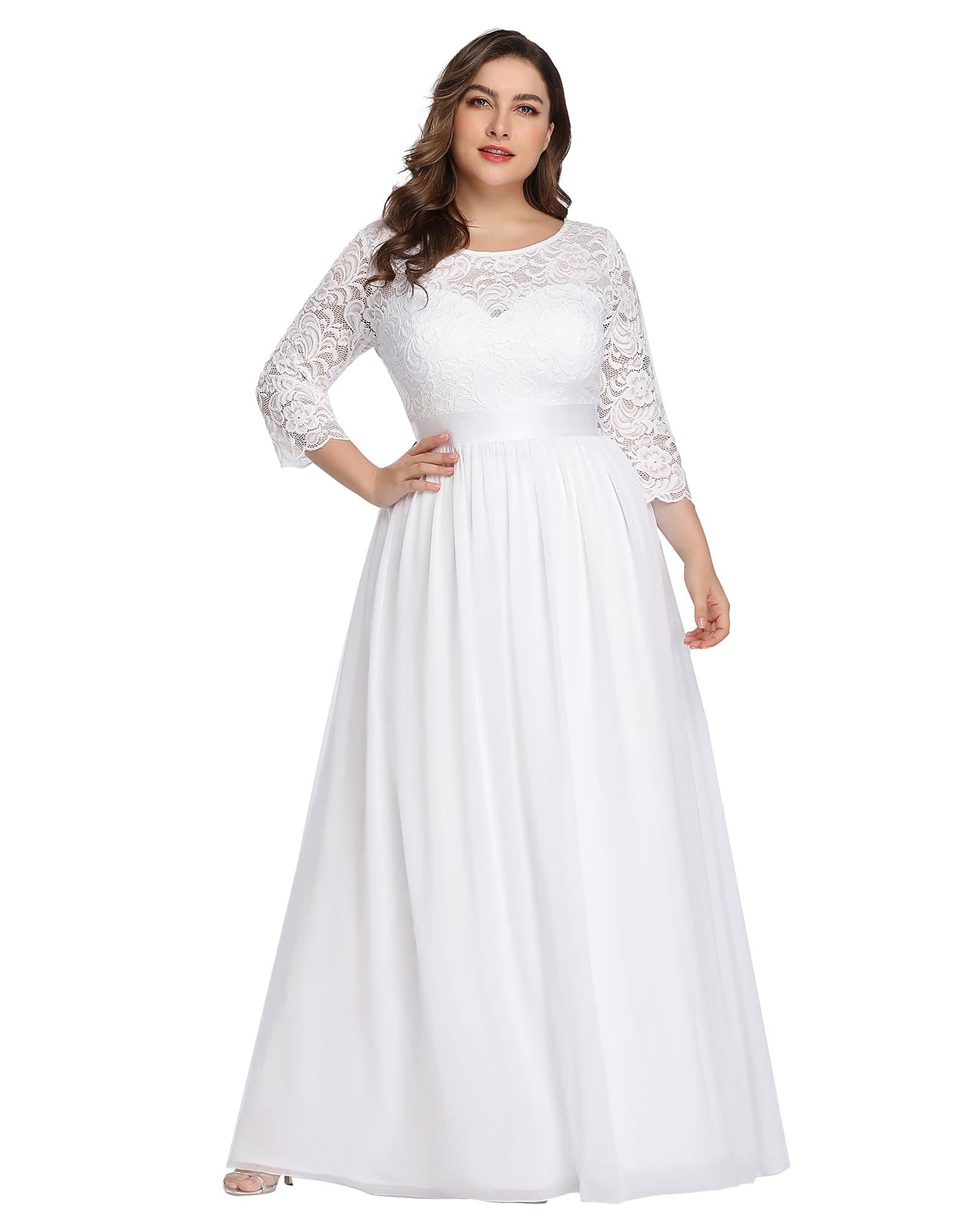 See-Through Floor Length Lace Evening Dress | White