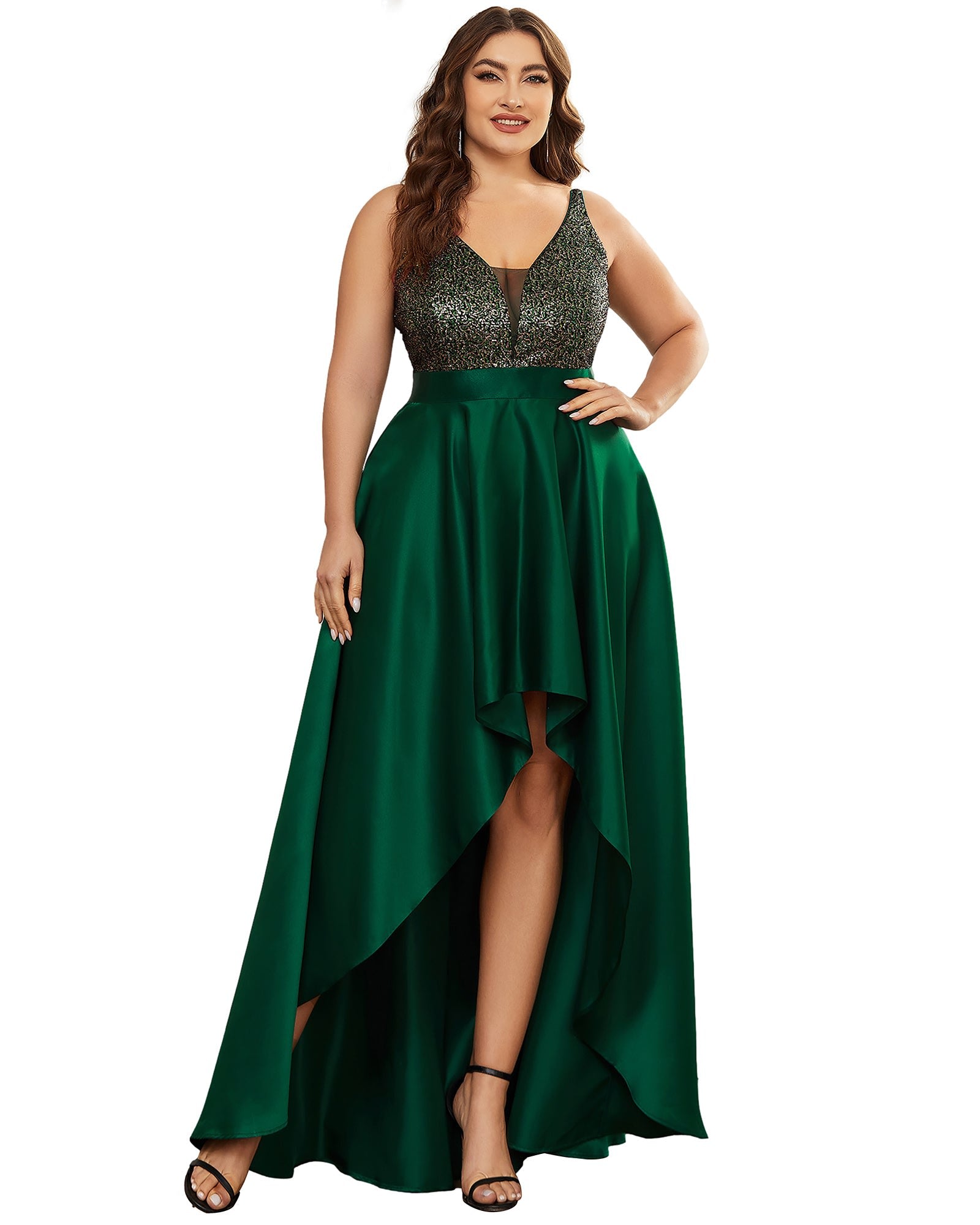 Sparkly Bodice High Low Prom Dress | Dark Green