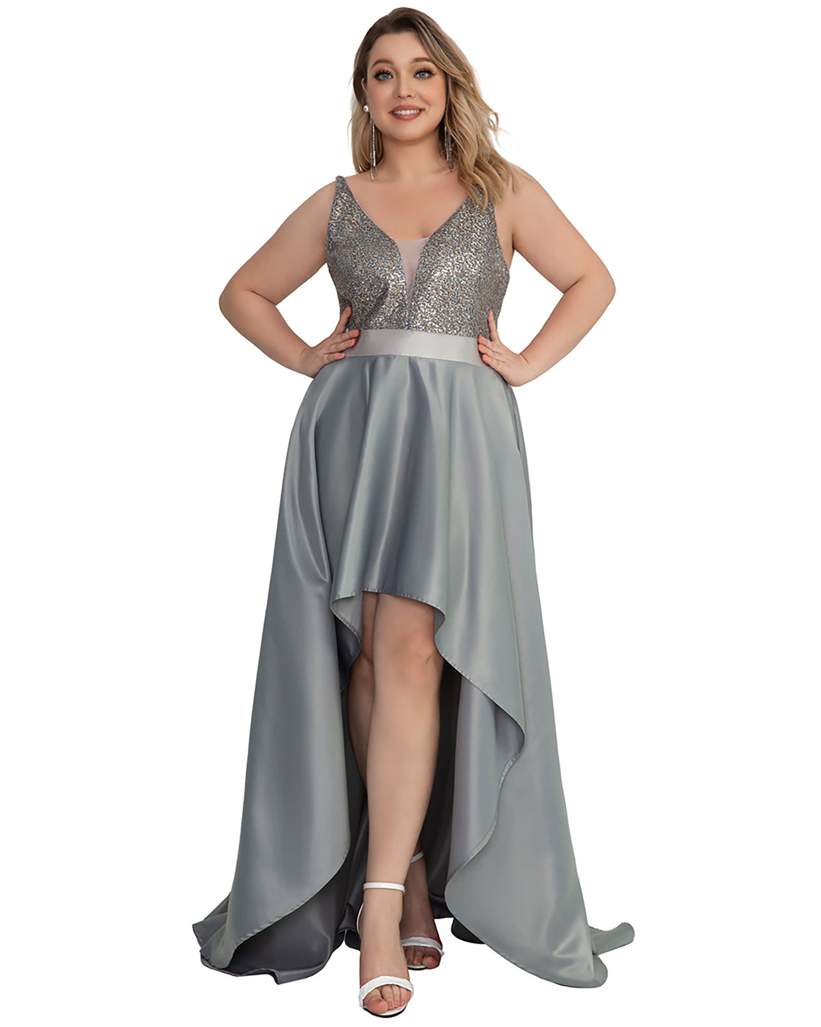 Sparkly Bodice High Low Prom Dress | Grey