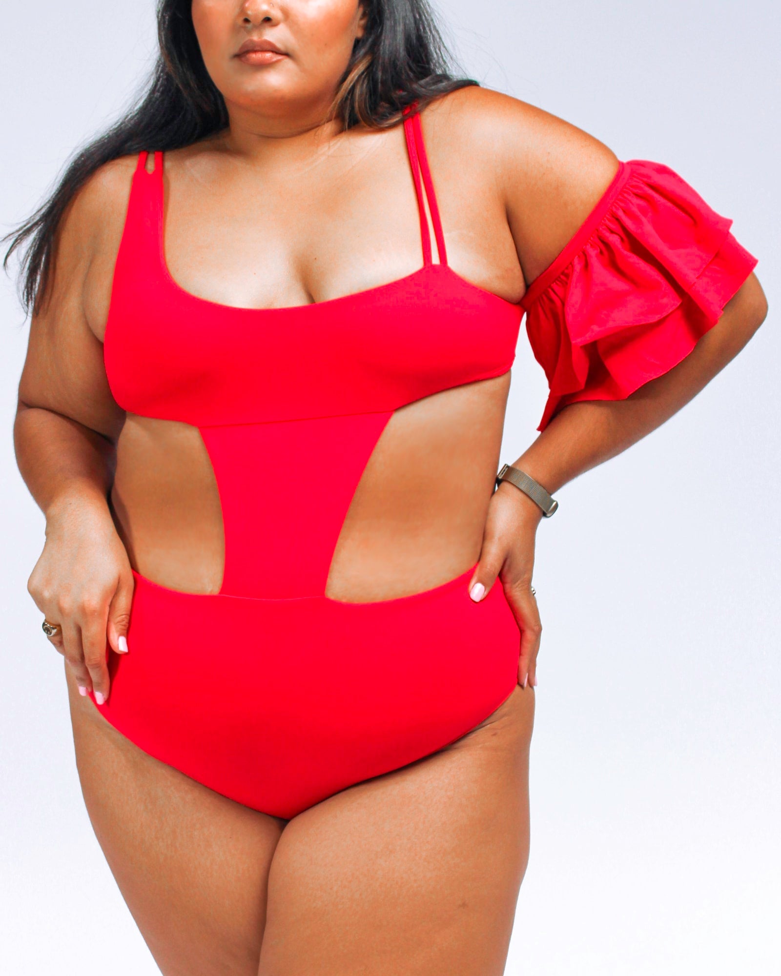 Rafa ruffle sleeve high waisted one piece swimsuit | Red