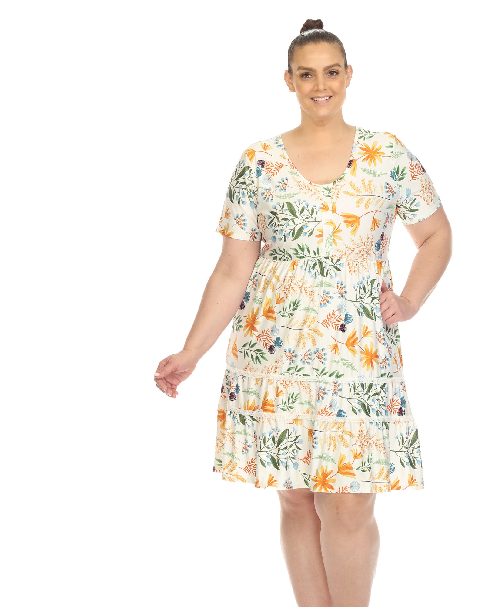 White Mark  Floral Short Sleeve Knee Length Dress | White