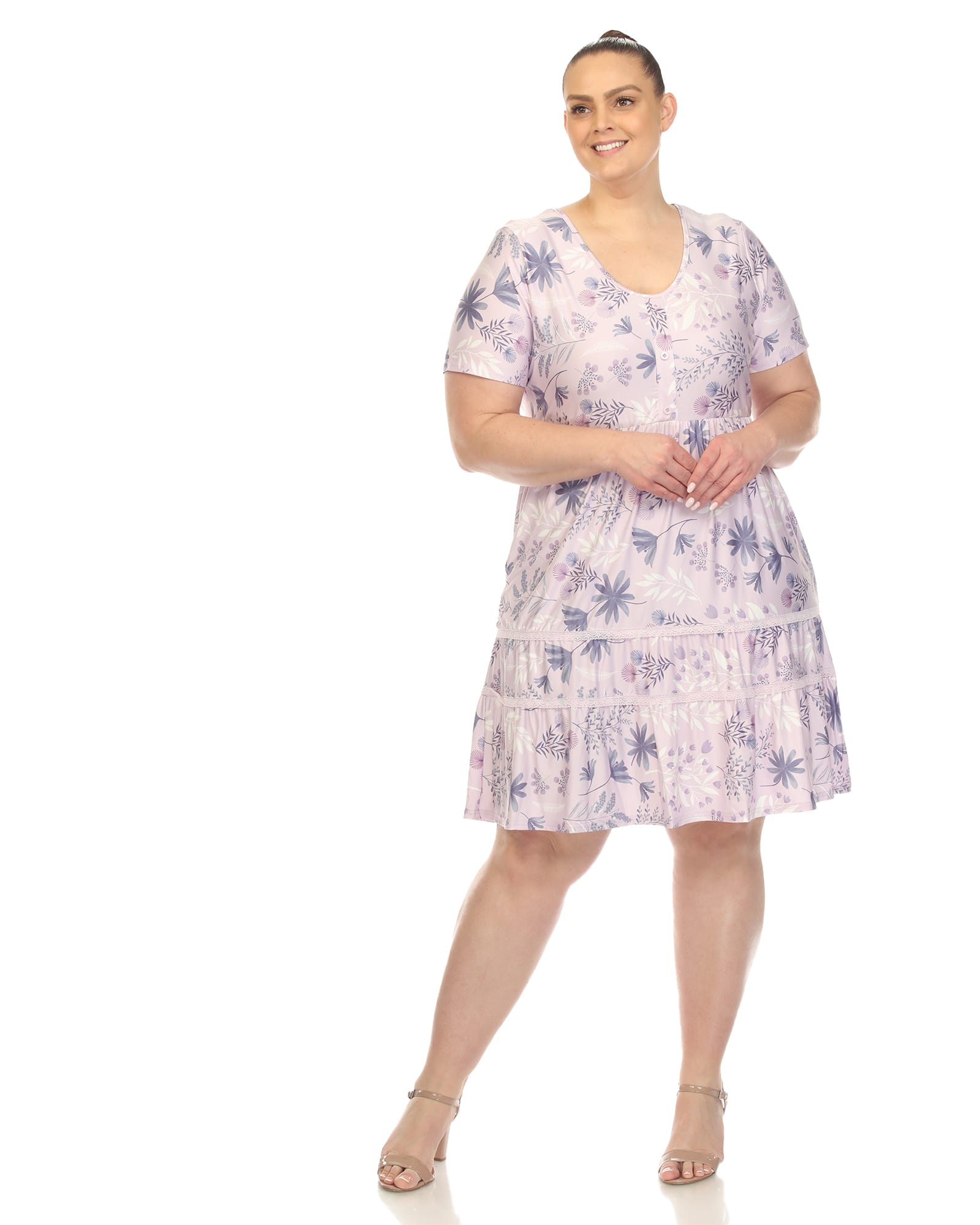White Mark  Floral Short Sleeve Knee Length Dress | Lavender