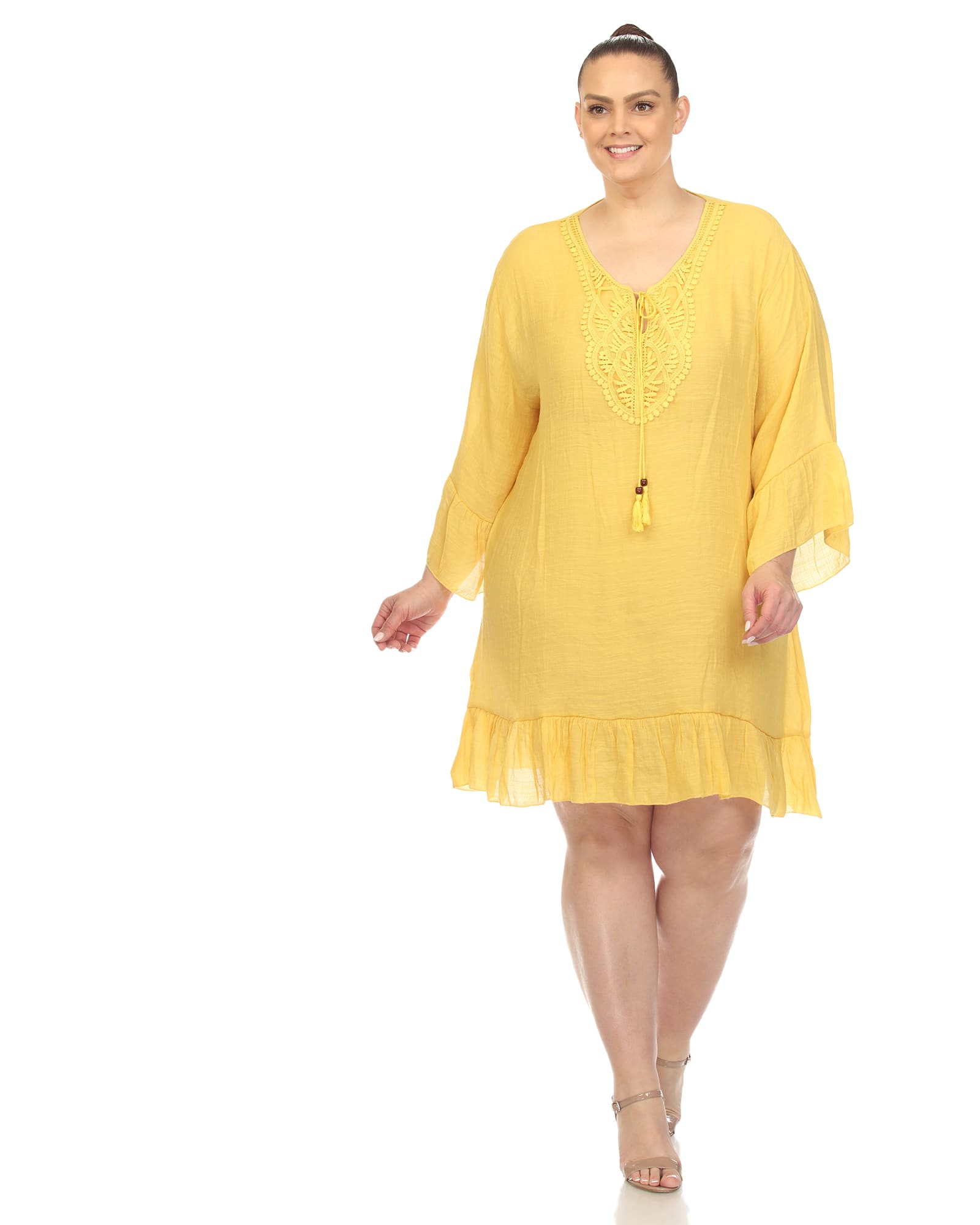 Sheer Embroidered Knee Length Cover Up Dress | Yellow
