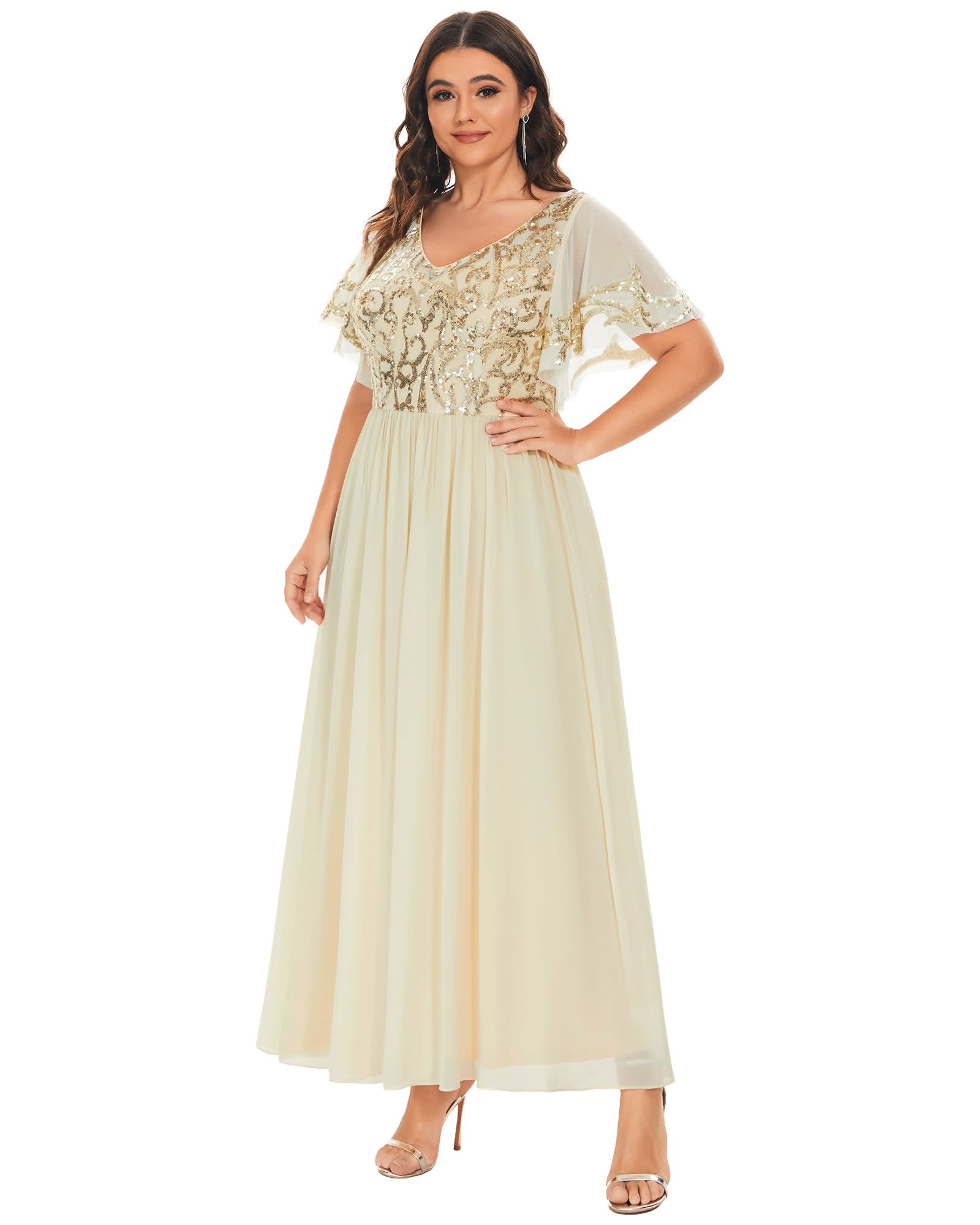 V-Neck Short Sleeve Sequin Bodice Mother of the Bride Dress | Gold