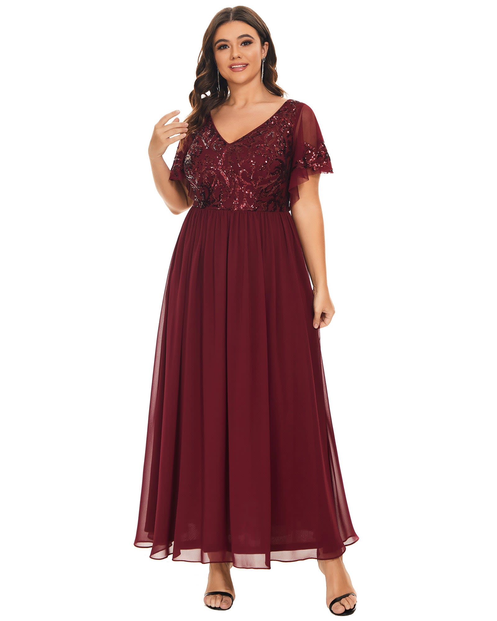 V-Neck Short Sleeve Sequin Bodice Mother of the Bride Dress | Burgundy