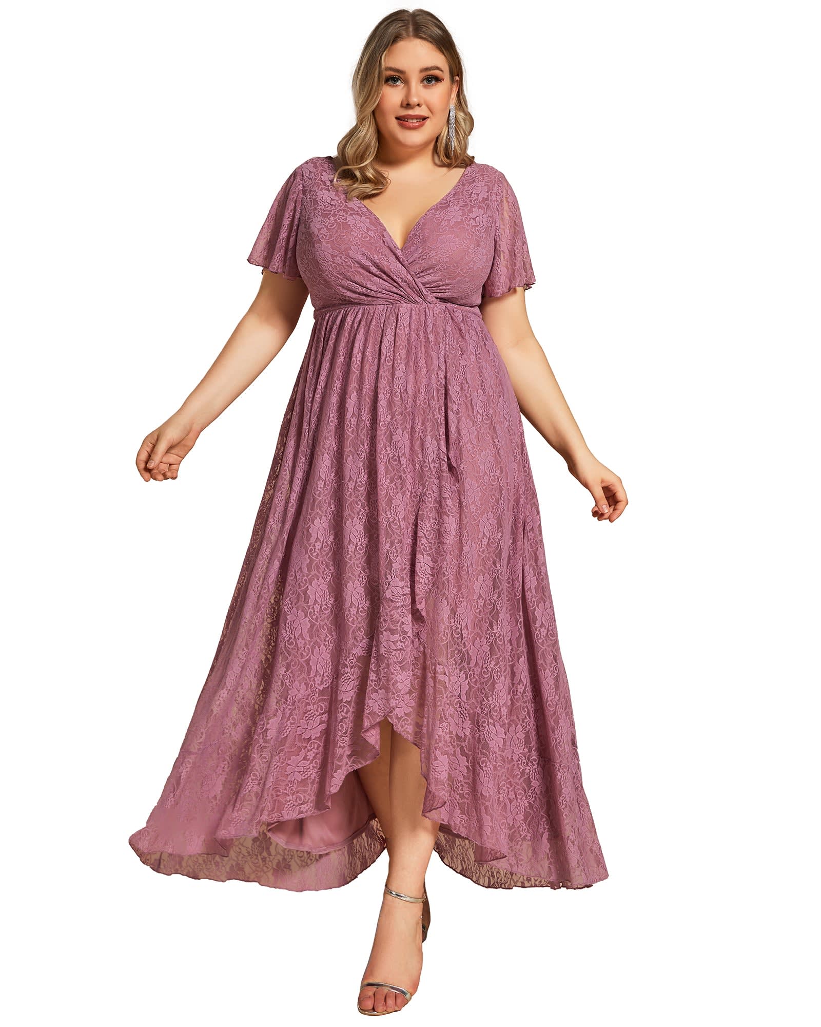Short Sleeve Ruffled V-Neck A-Line Lace Evening Dress | Purple Orchid