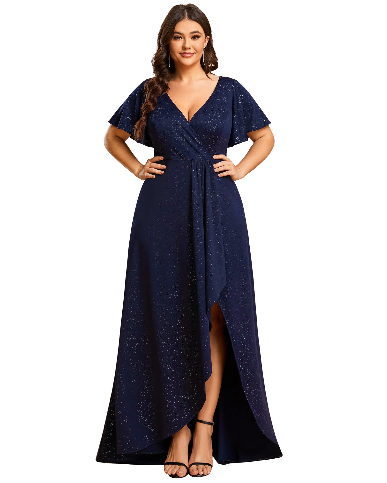 Glitter High-Low Front Side Slit Ruffled V-Neck Evening Dress | Navy Blue