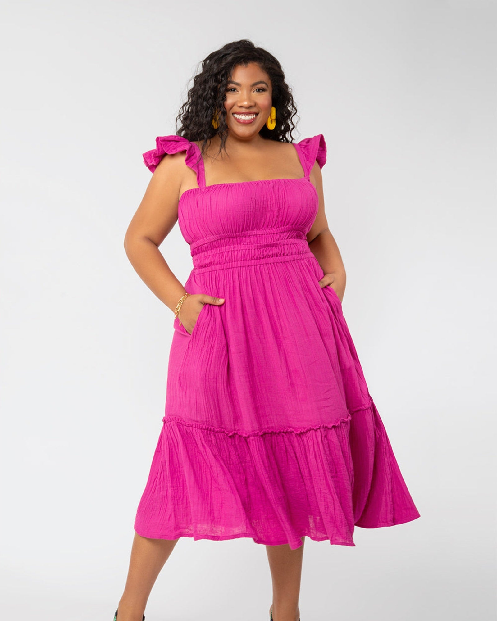 Finley Fuchsia Pink Ruffled Smock Tiered Midi Dress | PINK