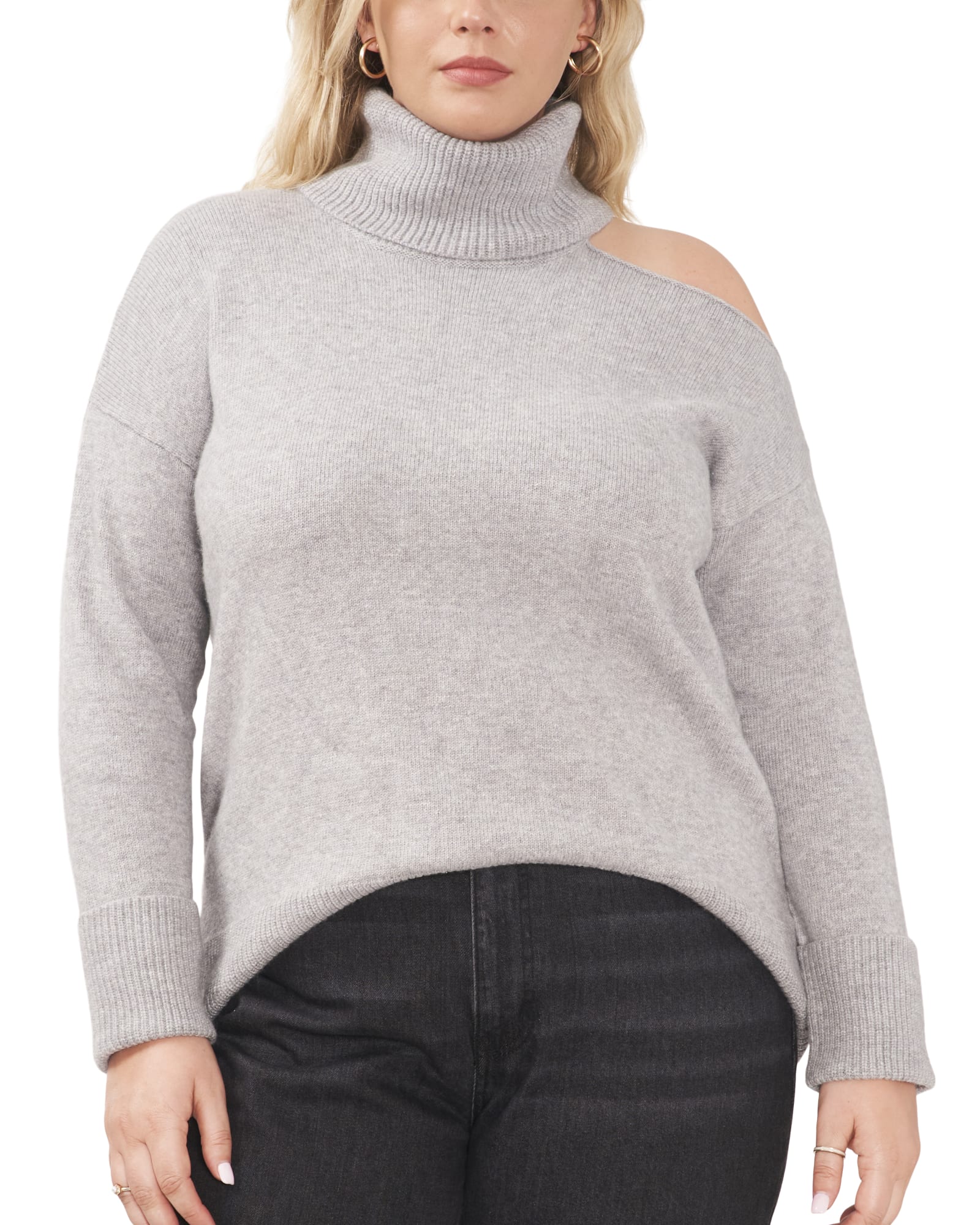 CUT OUT SHLDR TURTLENK SMOG YARN SWEATER | SILVER HEATHER