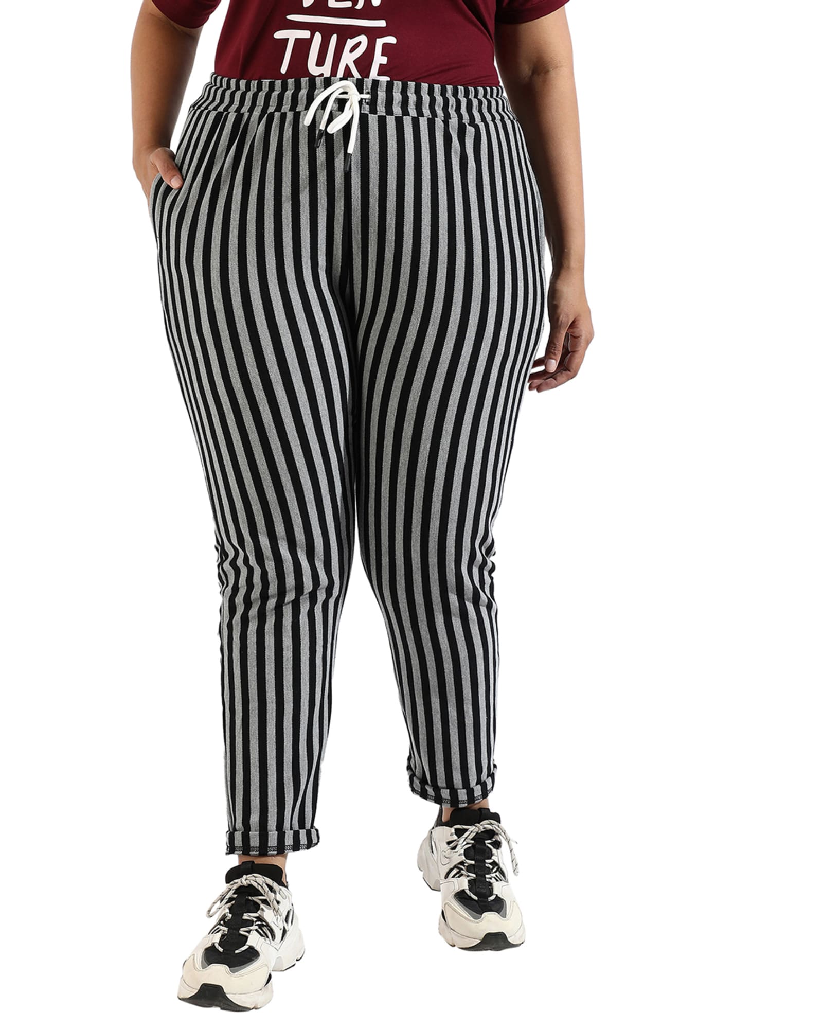 Women Grey Striped Active & Evening Trackpant | Charcoal Grey