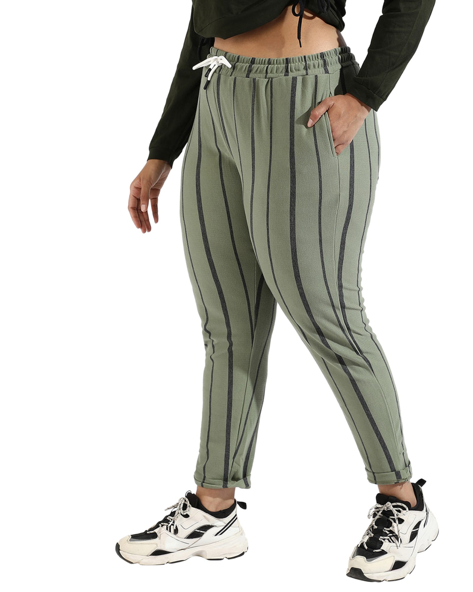 Women Olive Striped Active & Evening Trackpant | Sage Green