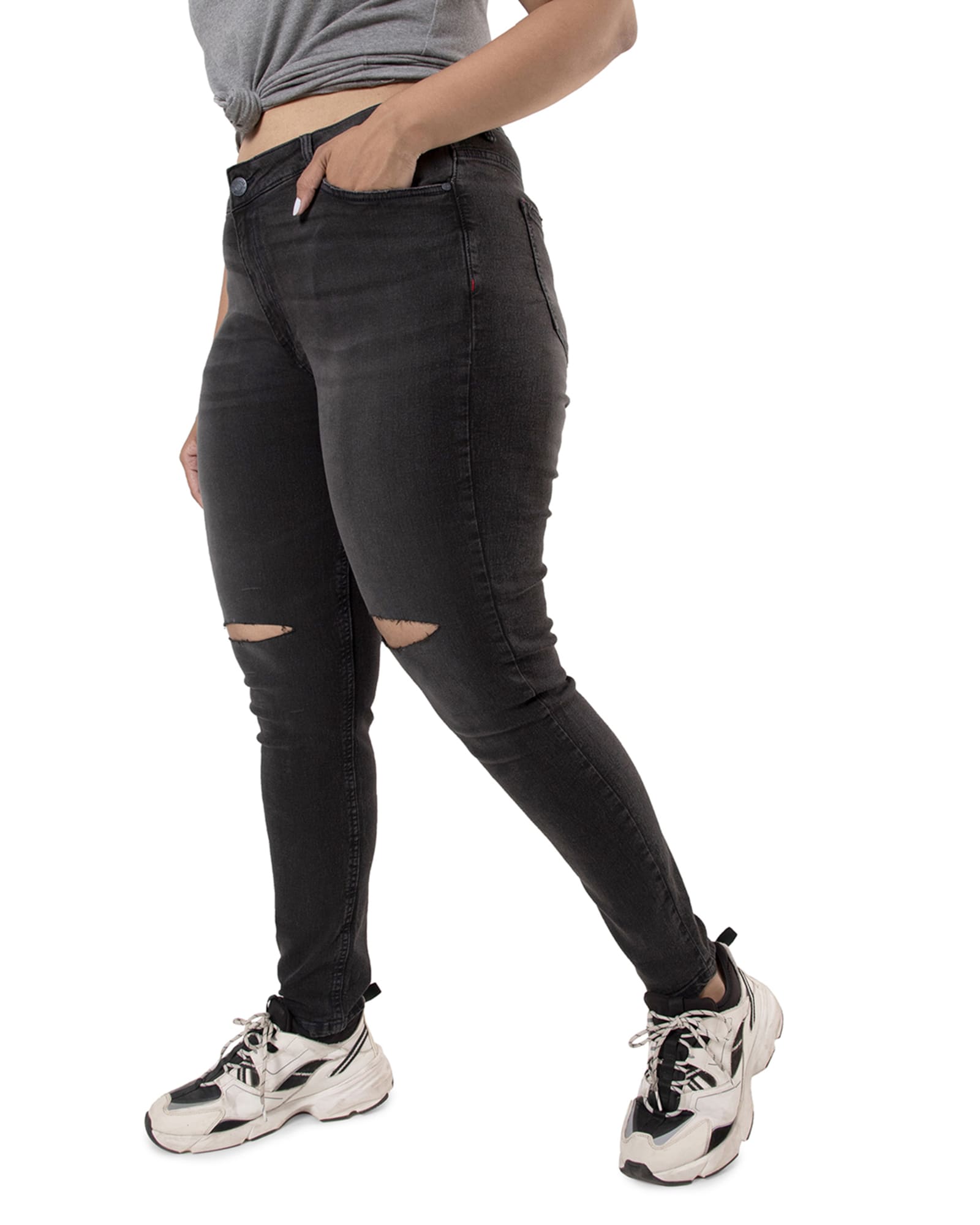 PLUS SIZE WOMEN TORN CASUAL BLACK JEANS | Black