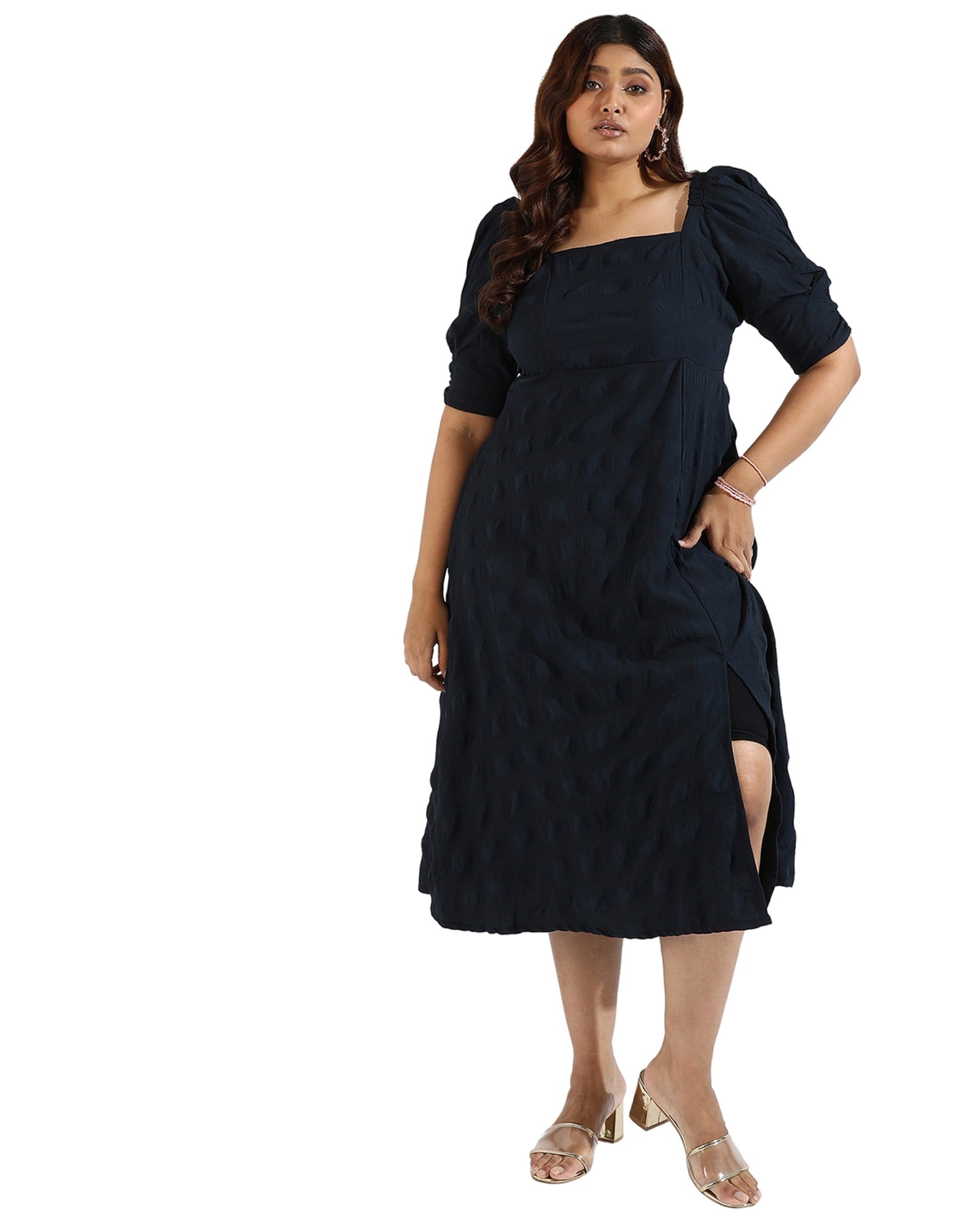 Women Solid Black Side Slit Dresses | Navy
