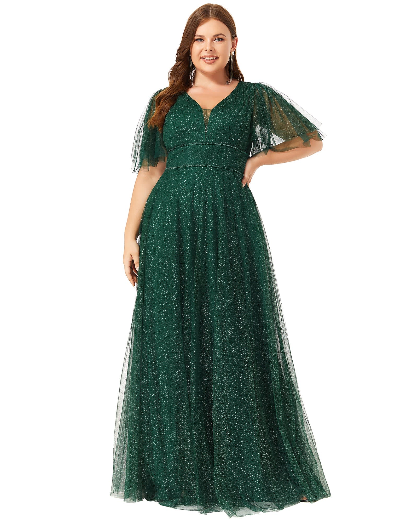 V Neck Tulle Formal Evening Dress with Ruffle Sleeves | Dark Green