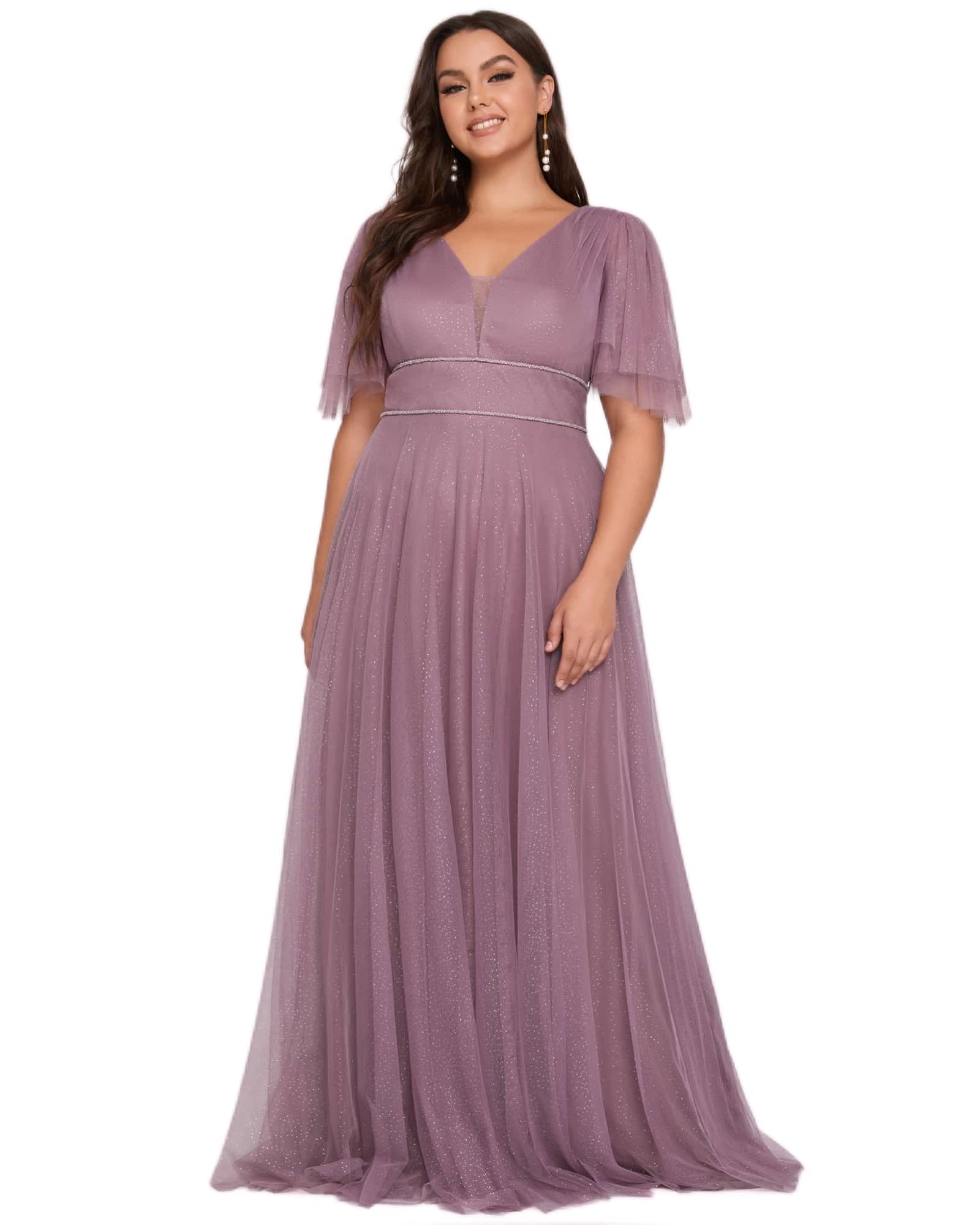 V Neck Tulle Formal Evening Dress with Ruffle Sleeves | Purple Orchid