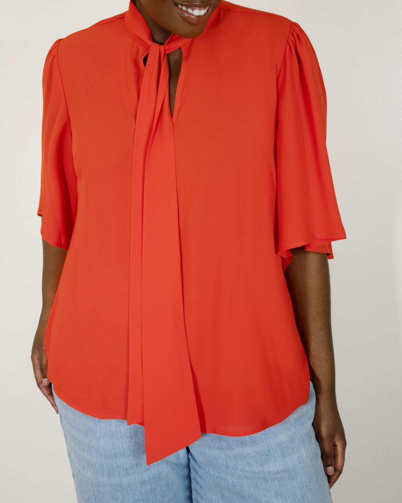 Plus Size Bow Blouse With Flutter Sleeves