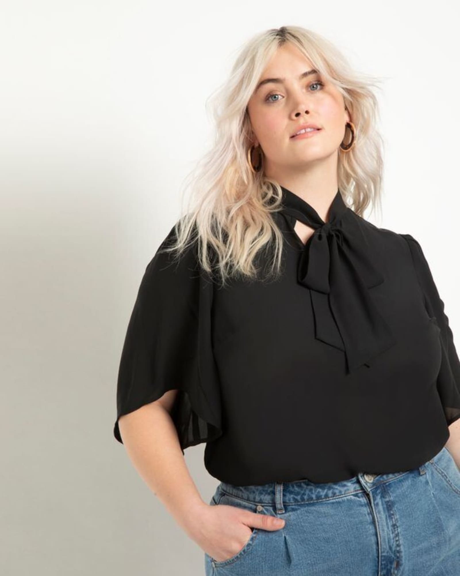 Bow Blouse with Flutter Sleeve | Black