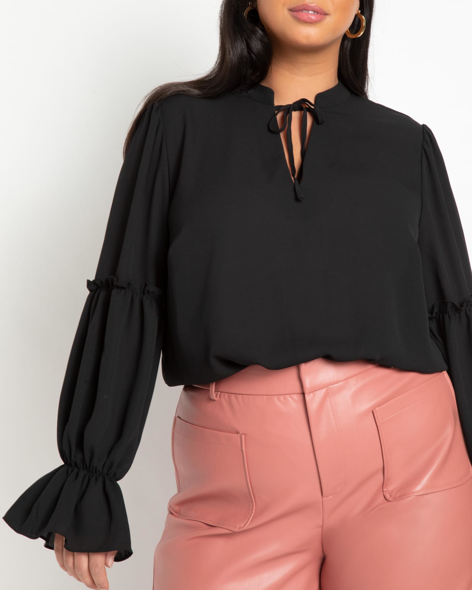 Ruffle Detail Blouse With Ties | Totally Black