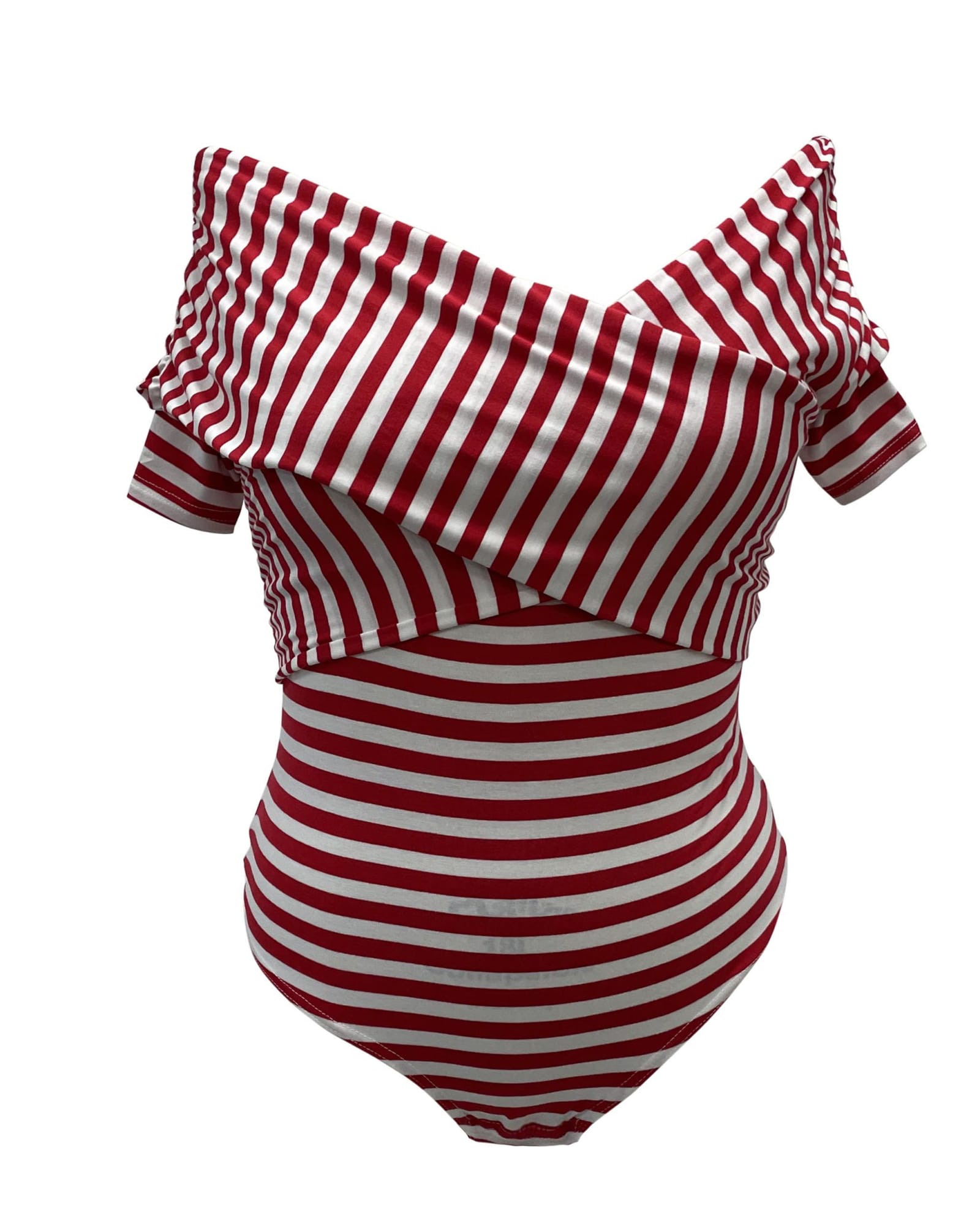 Unique Vintage Red & White Striped Off Shoulder Daydreamer Bodysuit | Red