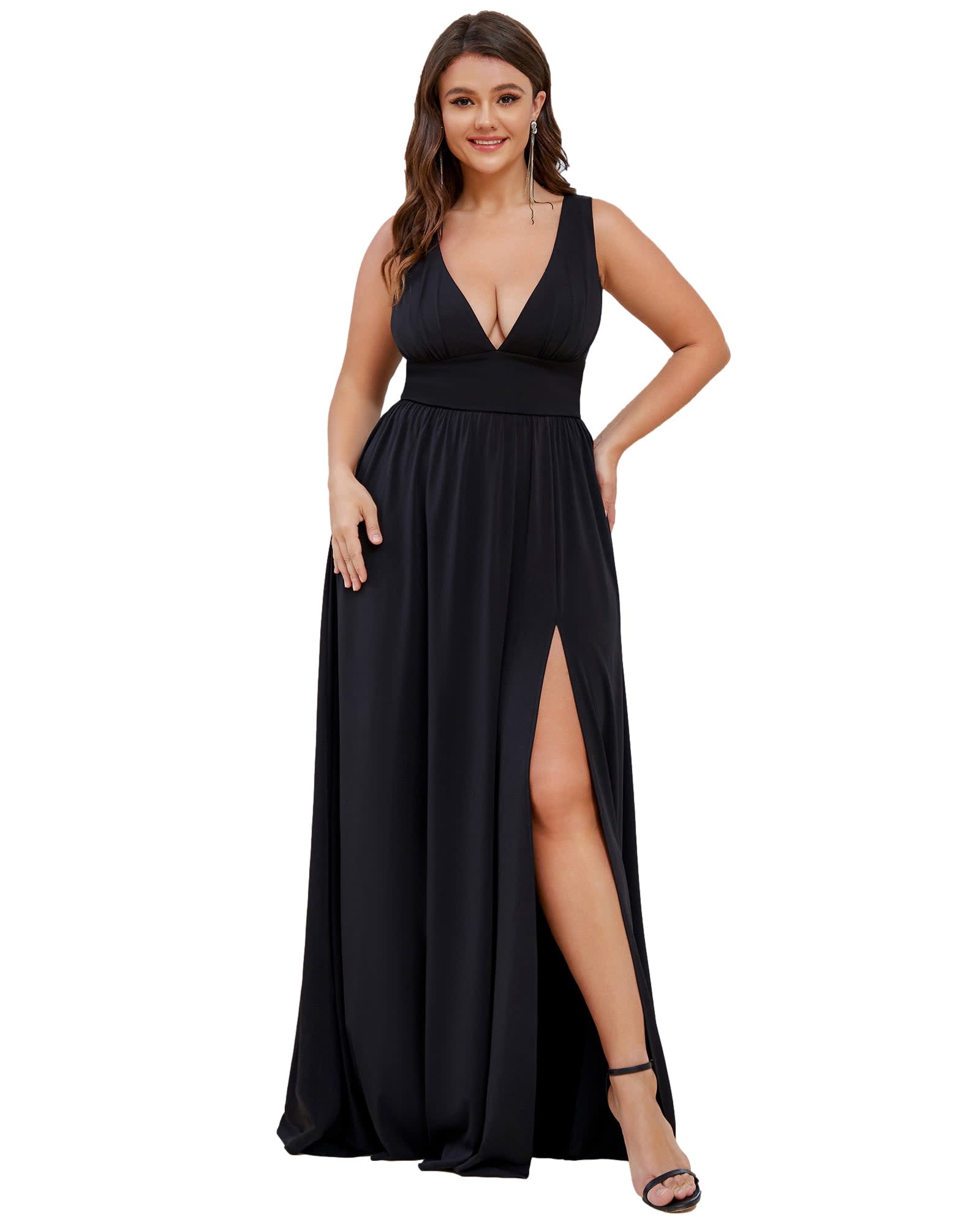 Sleeveless V-Neck Empire Waist High Slit Floor-Length Evening Dress | Black