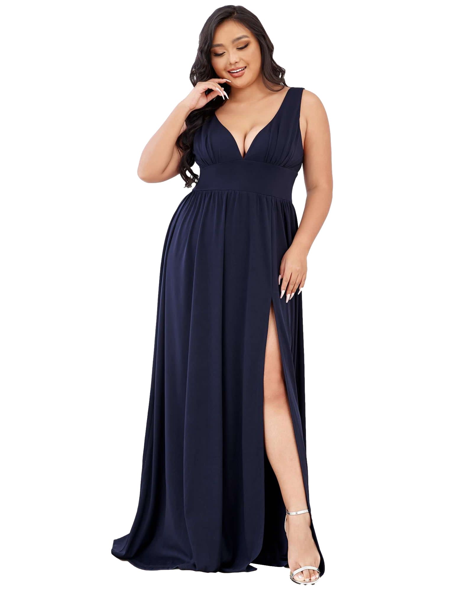 Sleeveless V-Neck Empire Waist High Slit Floor-Length Evening Dress | Navy Blue