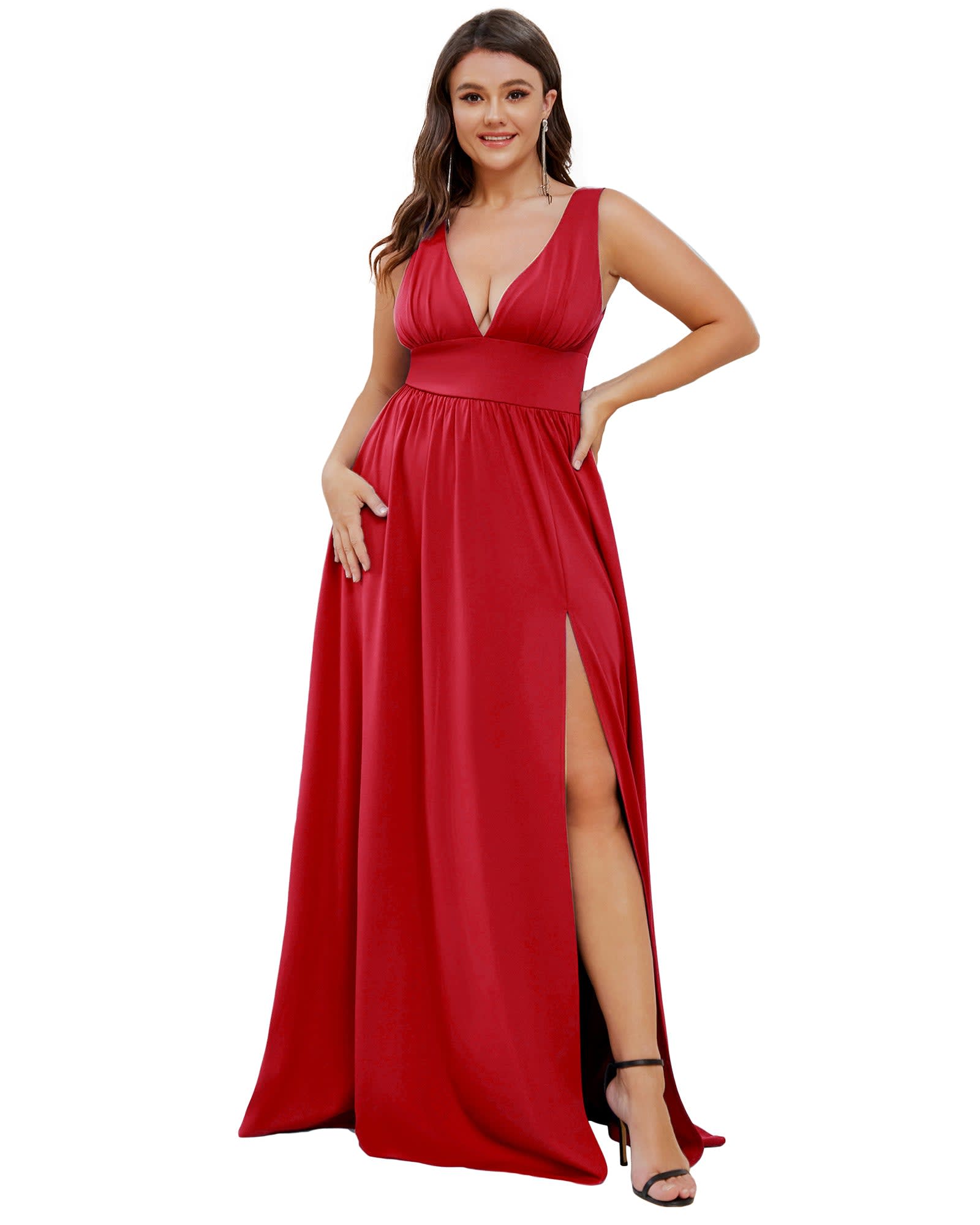 Sleeveless V-Neck Empire Waist High Slit Floor-Length Evening Dress | Red