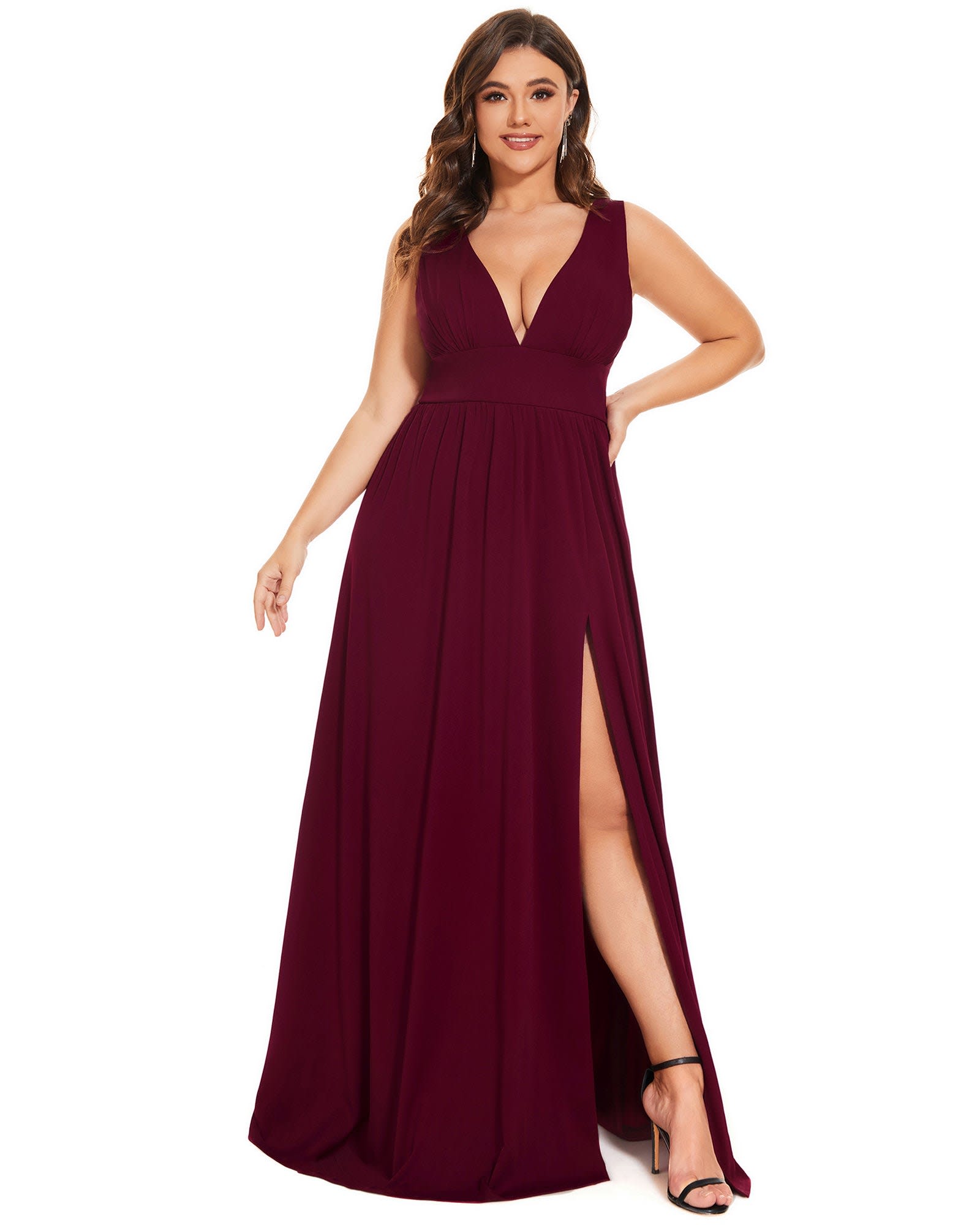 Sleeveless V-Neck Empire Waist High Slit Floor-Length Evening Dress | Burgundy