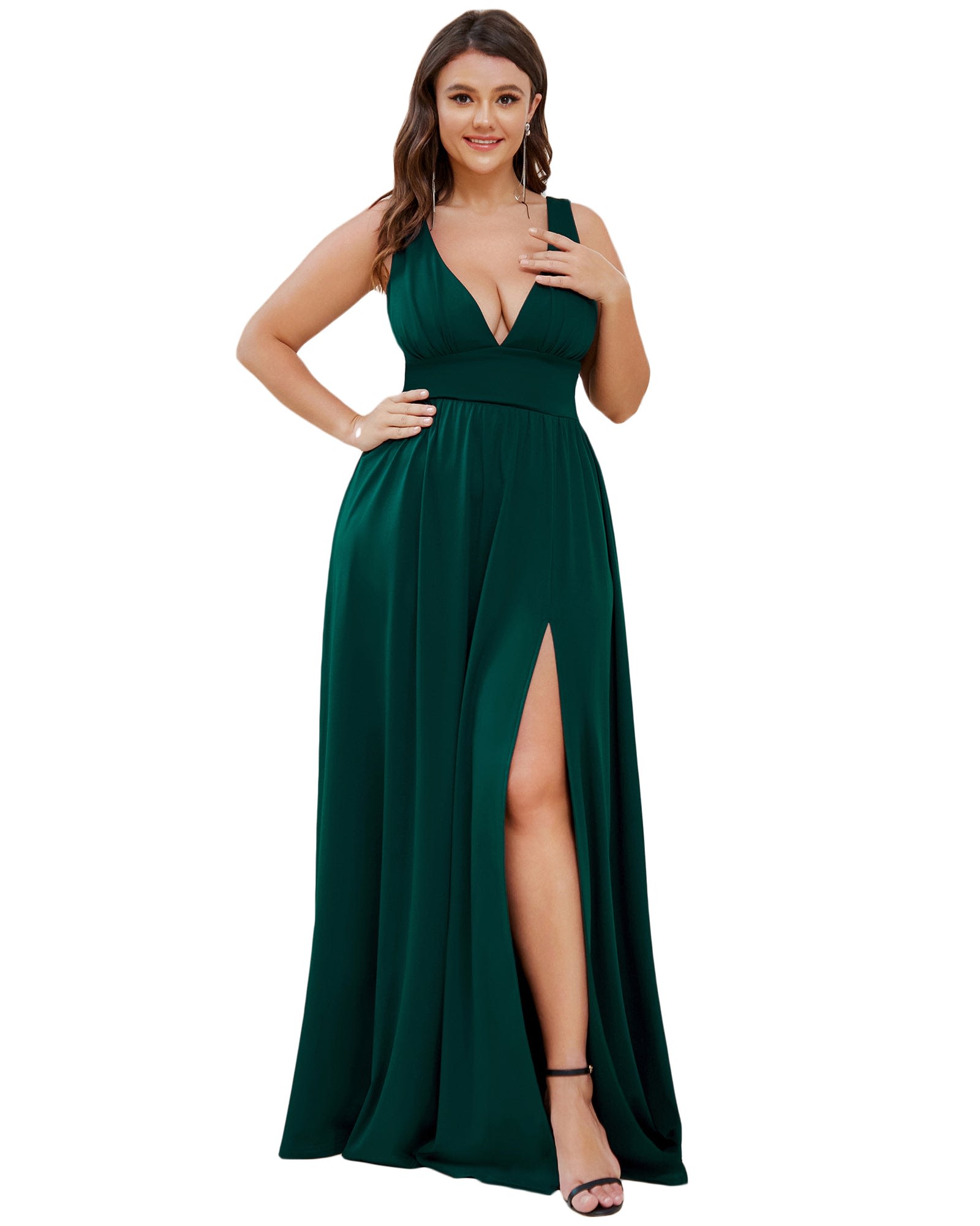 Sleeveless V-Neck Empire Waist High Slit Floor-Length Evening Dress | Dark Green