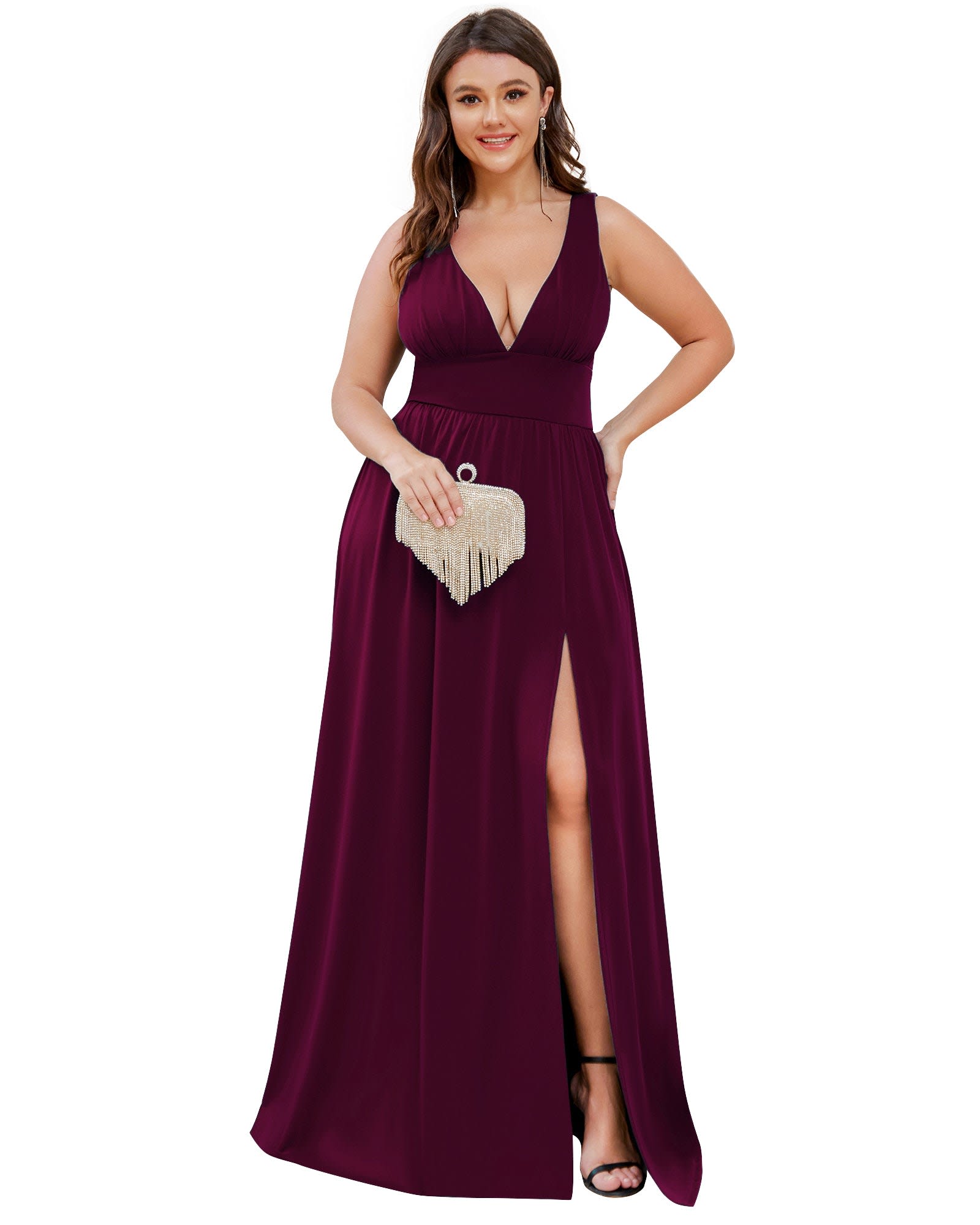 Sleeveless V-Neck Empire Waist High Slit Floor-Length Evening Dress | Mulberry
