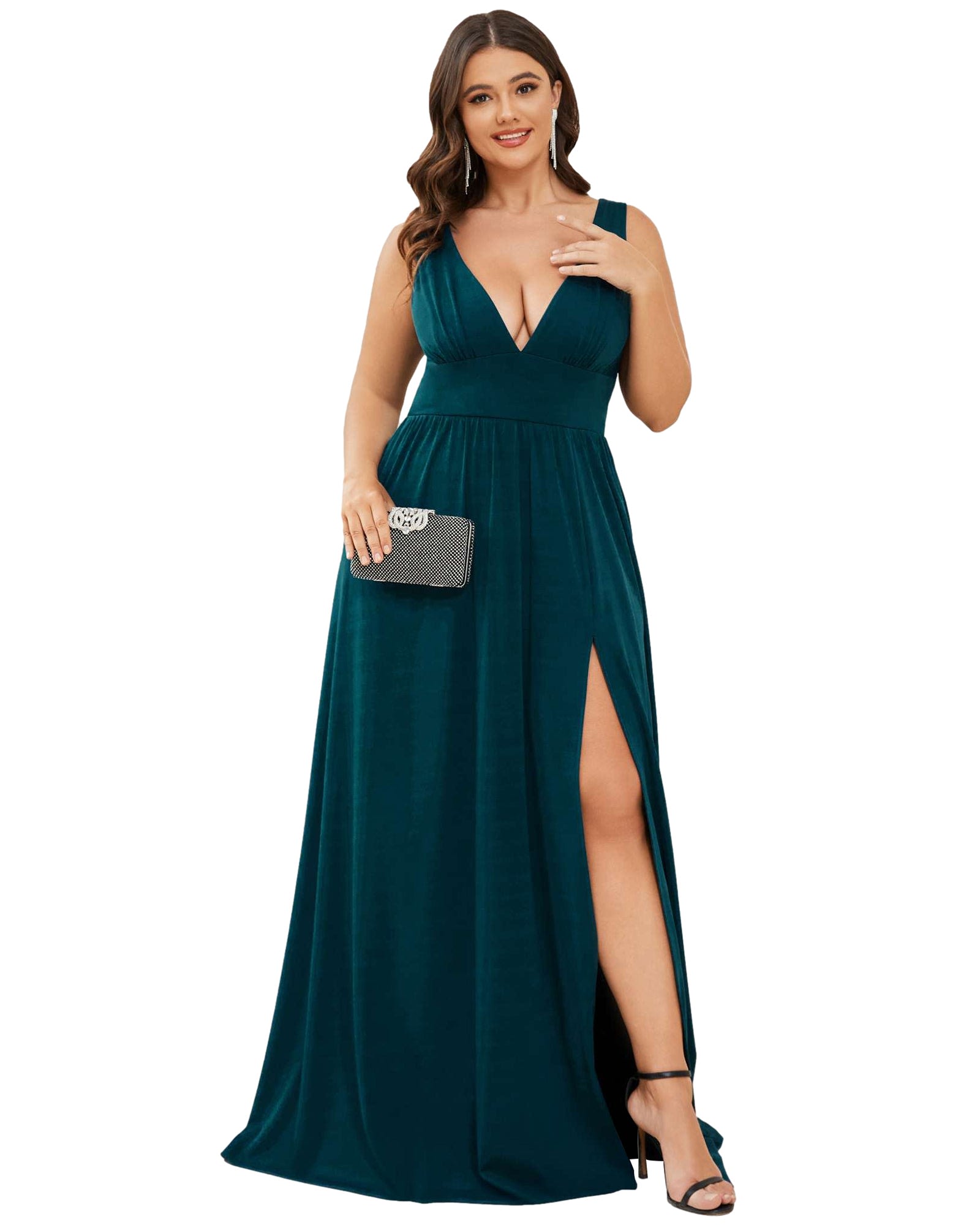 Sleeveless V-Neck Empire Waist High Slit Floor-Length Evening Dress | Teal