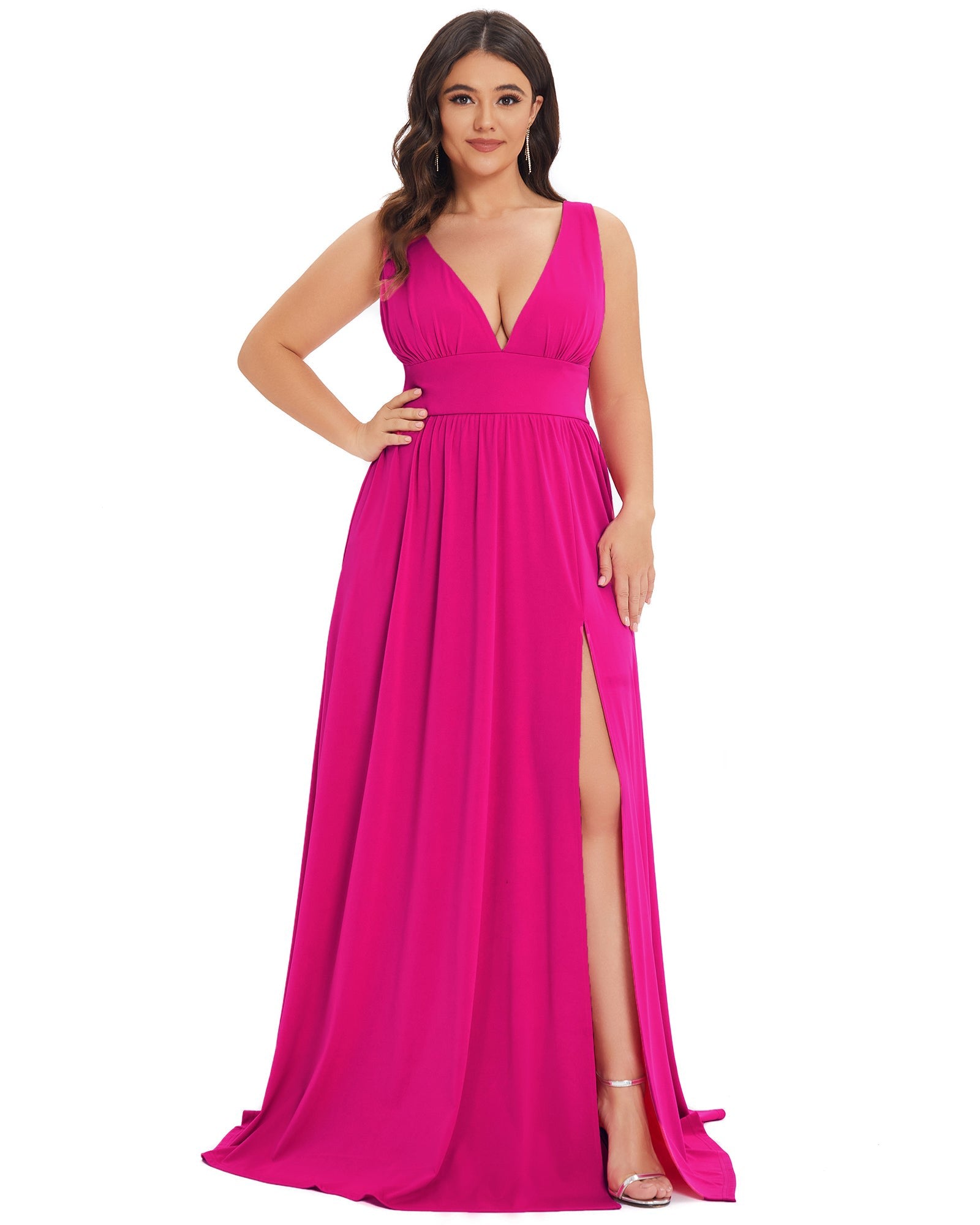 Sleeveless V-Neck Empire Waist High Slit Floor-Length Evening Dress | Hot Pink