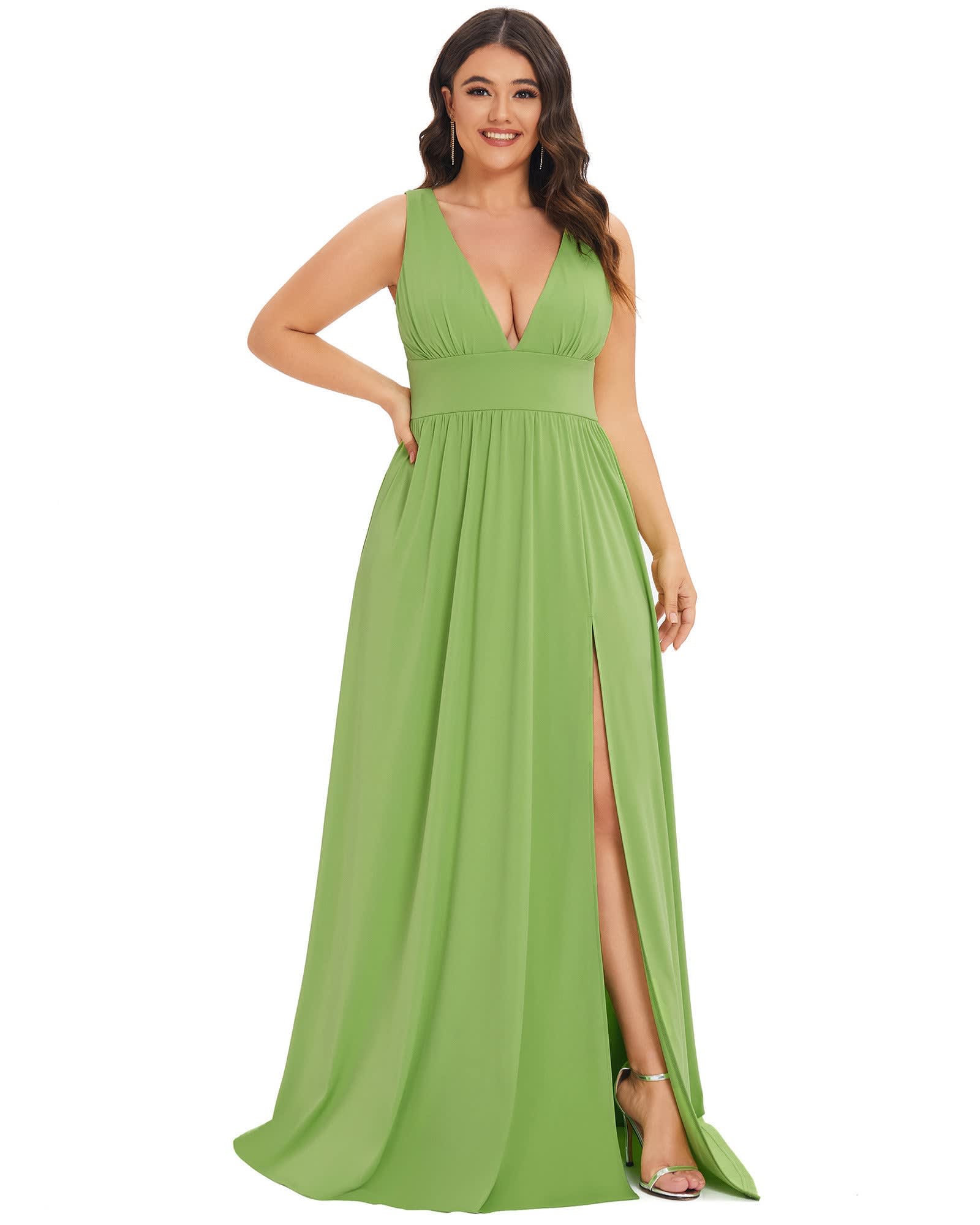 Sleeveless V-Neck Empire Waist High Slit Floor-Length Evening Dress | Avocado Green