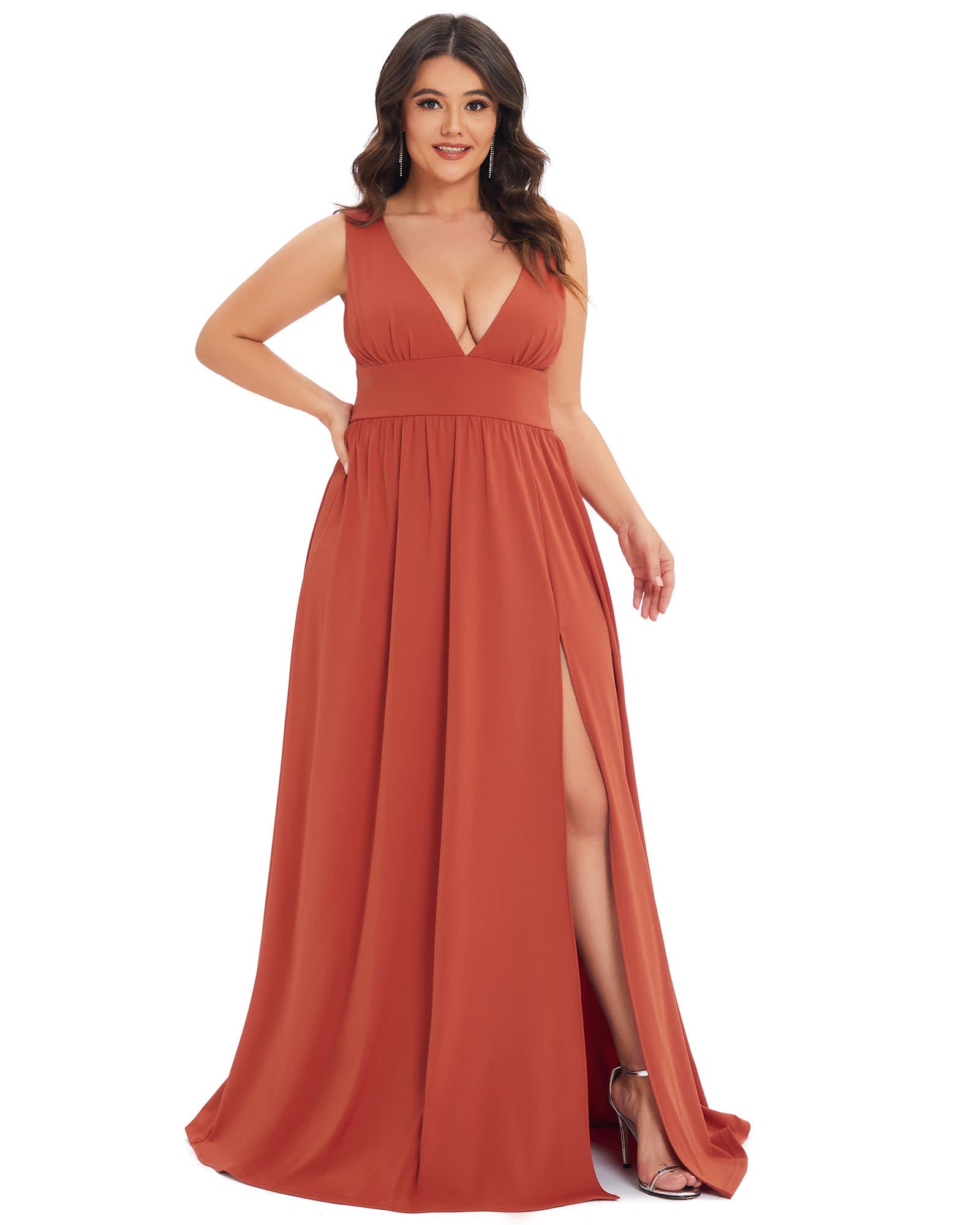 Sleeveless V-Neck Empire Waist High Slit Floor-Length Evening Dress | Burnt Orange